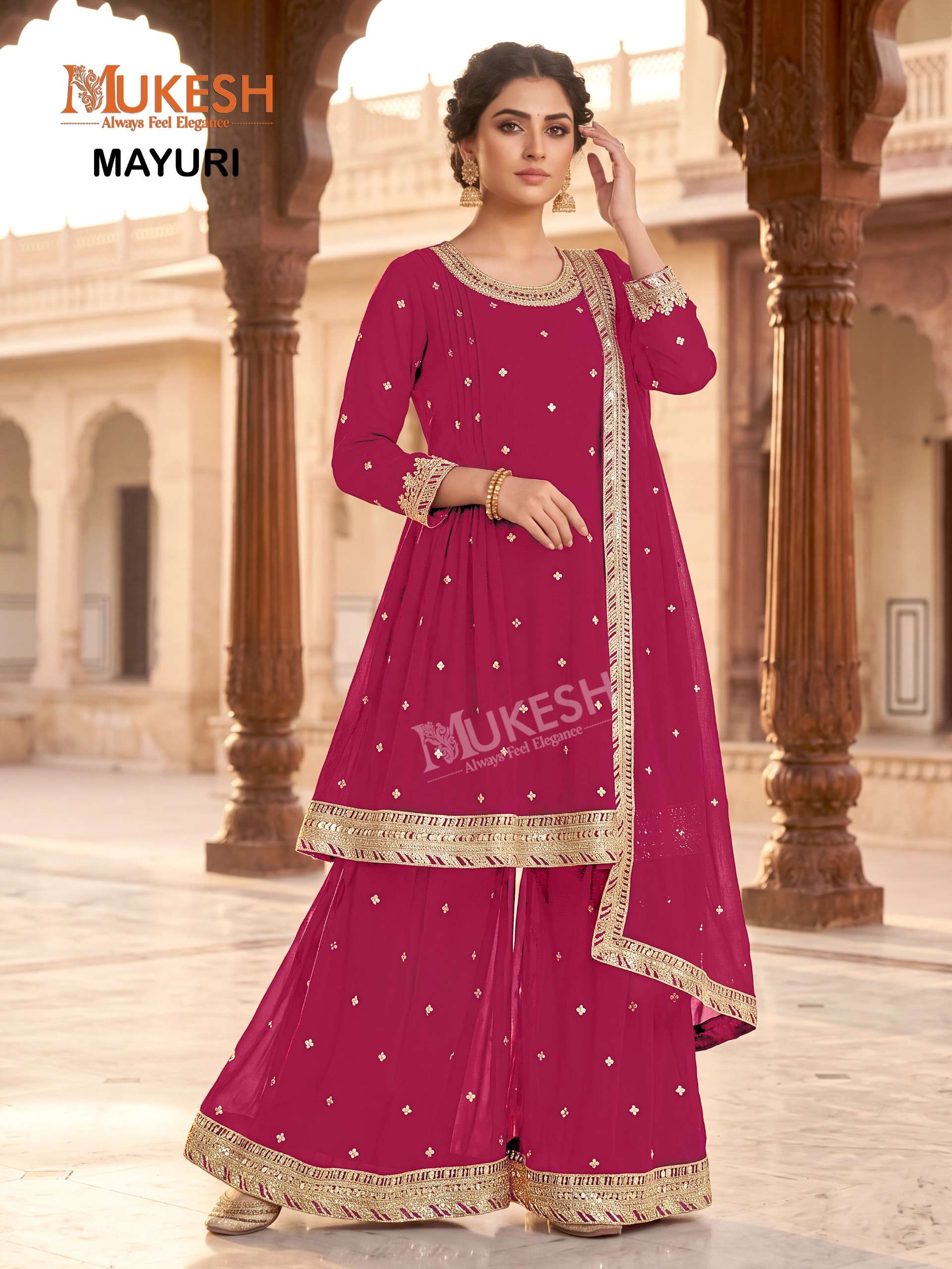 MUKESH MAYURI GEORGETTE DESIGNER FESTIVE WEAR LADIES KURTI PLAZZO AND DUPATTA SET 