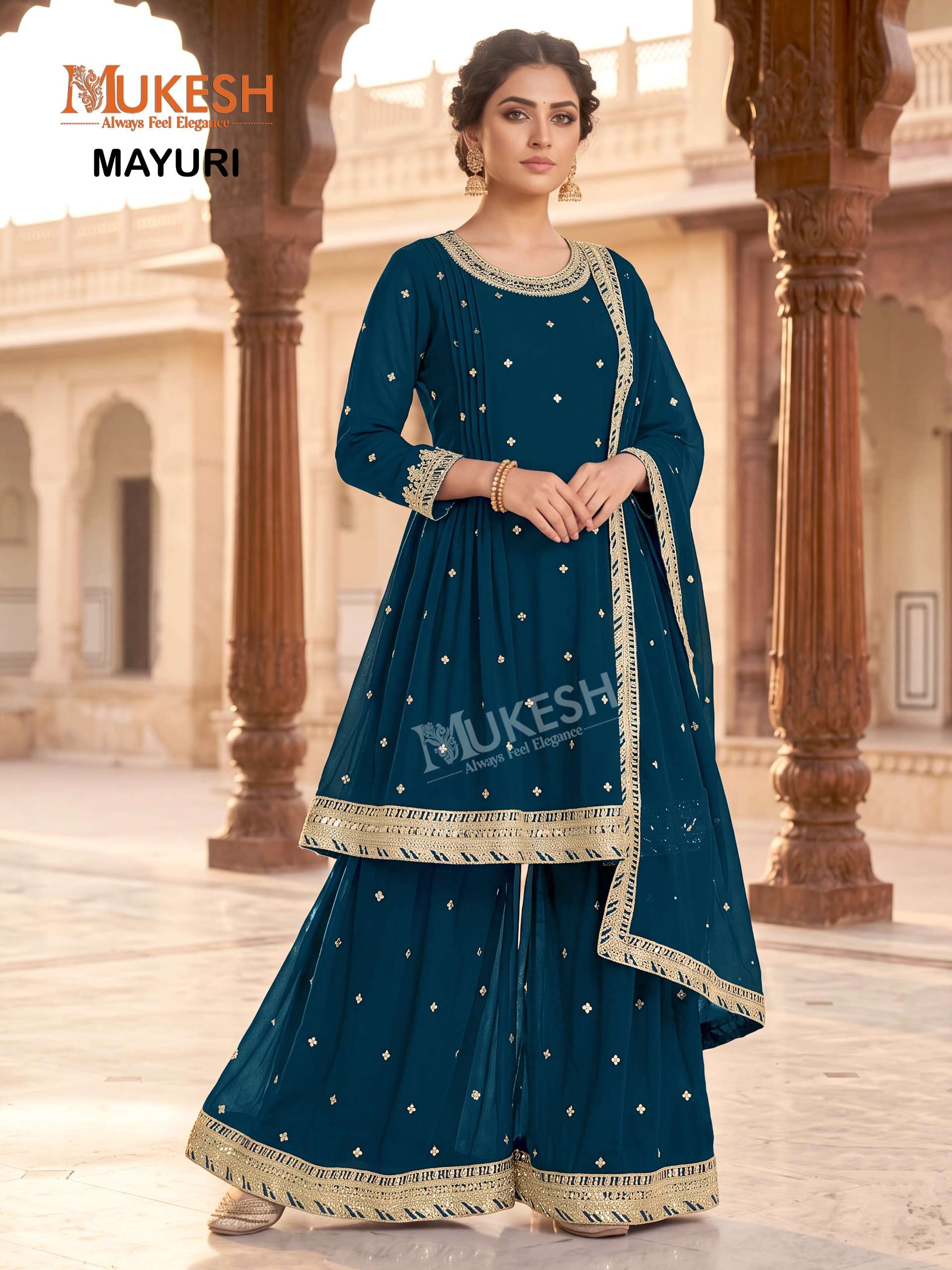 MUKESH MAYURI GEORGETTE DESIGNER FESTIVE WEAR LADIES KURTI PLAZZO AND DUPATTA SET 