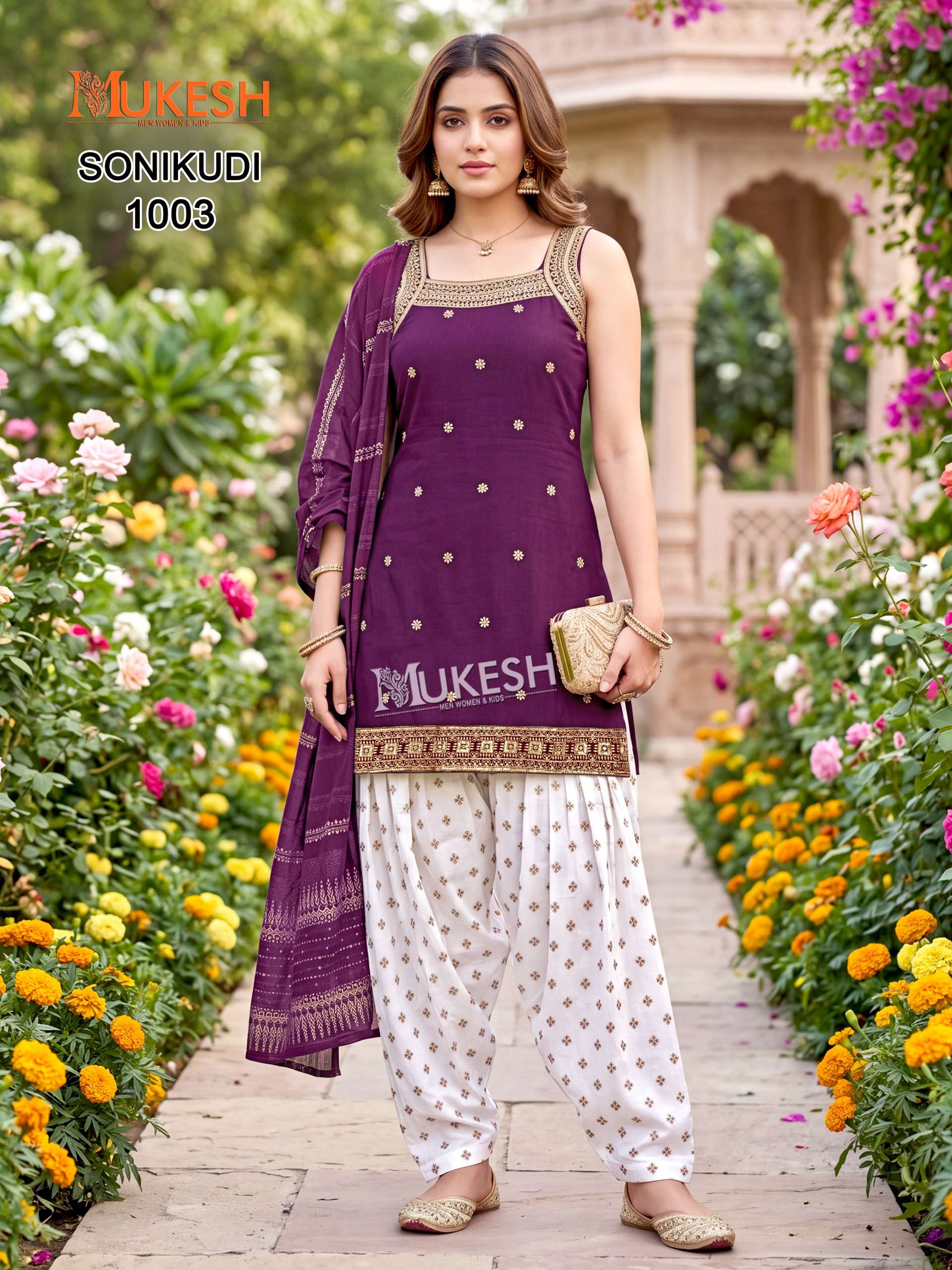 MUKESH SONIKUDI SILK DESIGNER WORK KURTI PATIYALA BOTTOM AND DUPATTA SET 