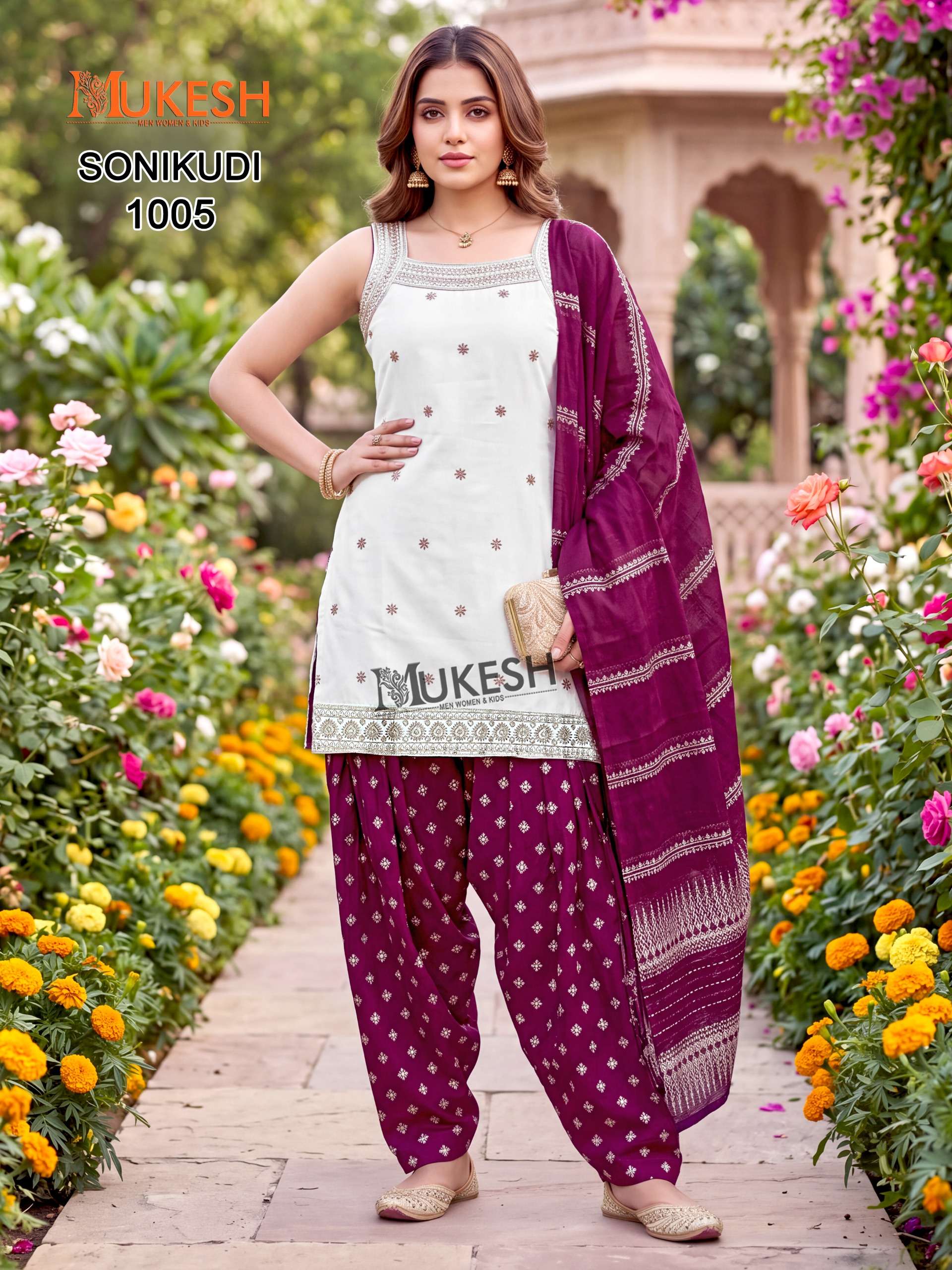 MUKESH SONIKUDI SILK DESIGNER WORK KURTI PATIYALA BOTTOM AND DUPATTA SET 