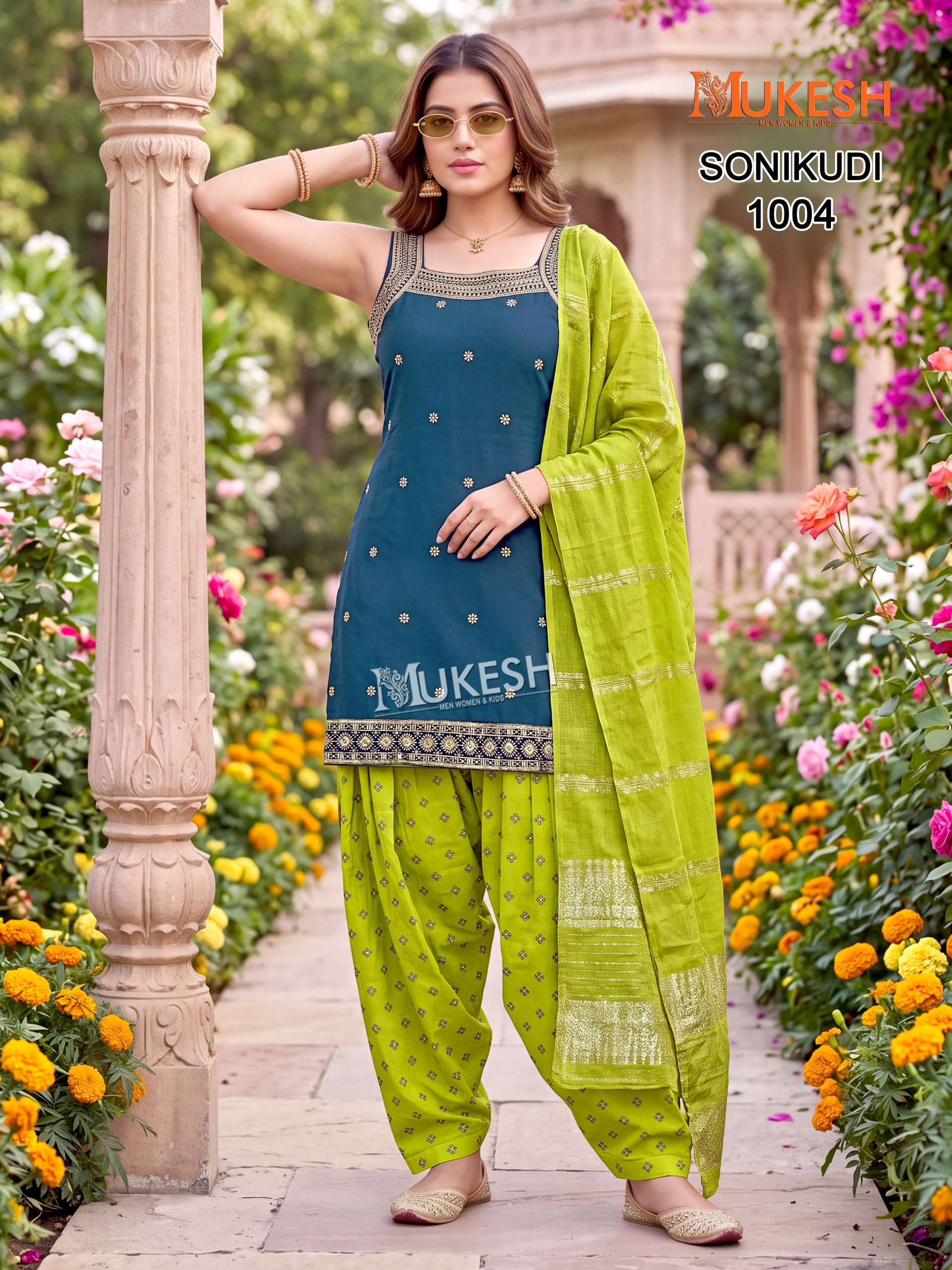 MUKESH SONIKUDI SILK DESIGNER WORK KURTI PATIYALA BOTTOM AND DUPATTA SET 