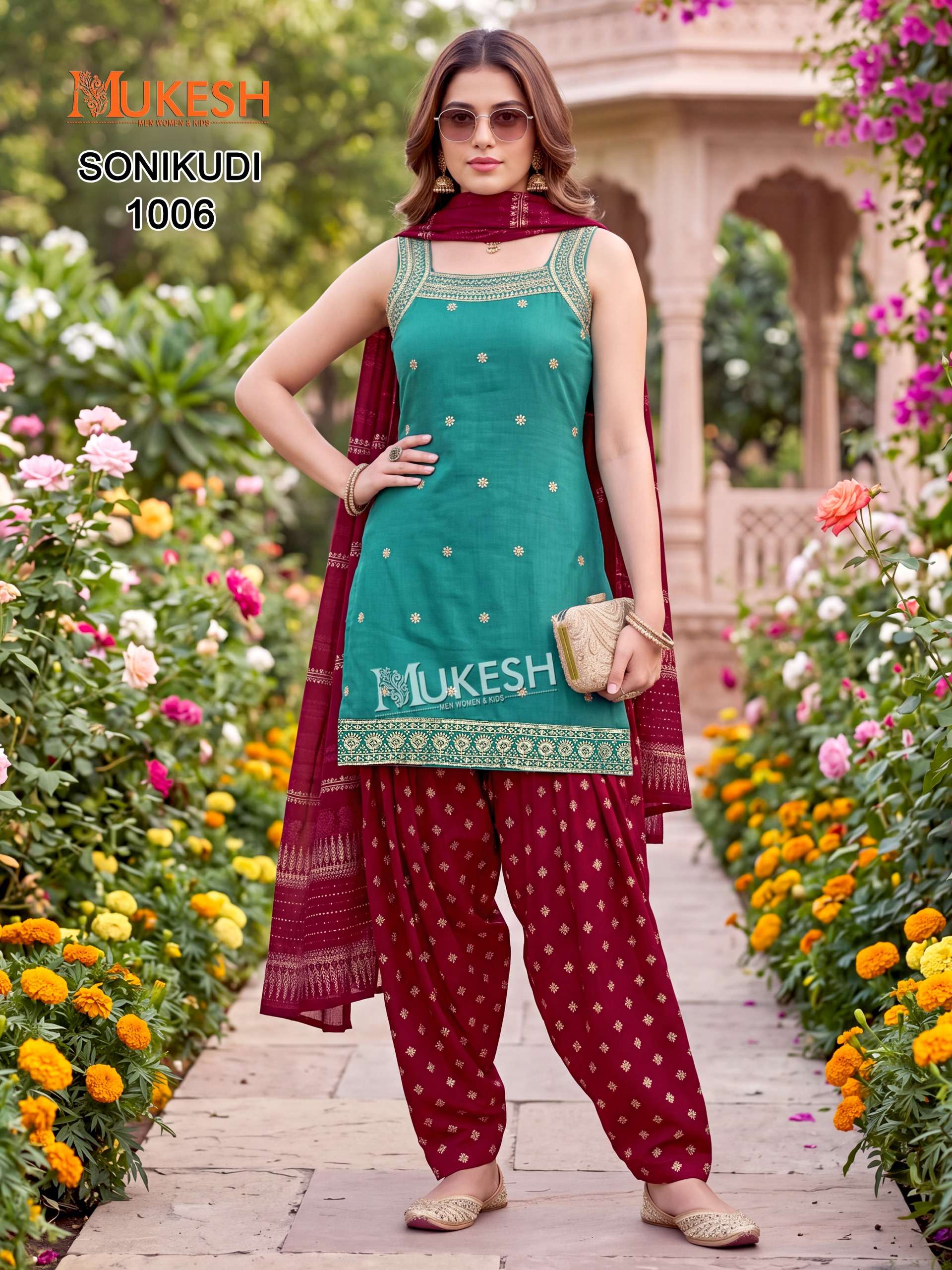 MUKESH SONIKUDI SILK DESIGNER WORK KURTI PATIYALA BOTTOM AND DUPATTA SET 