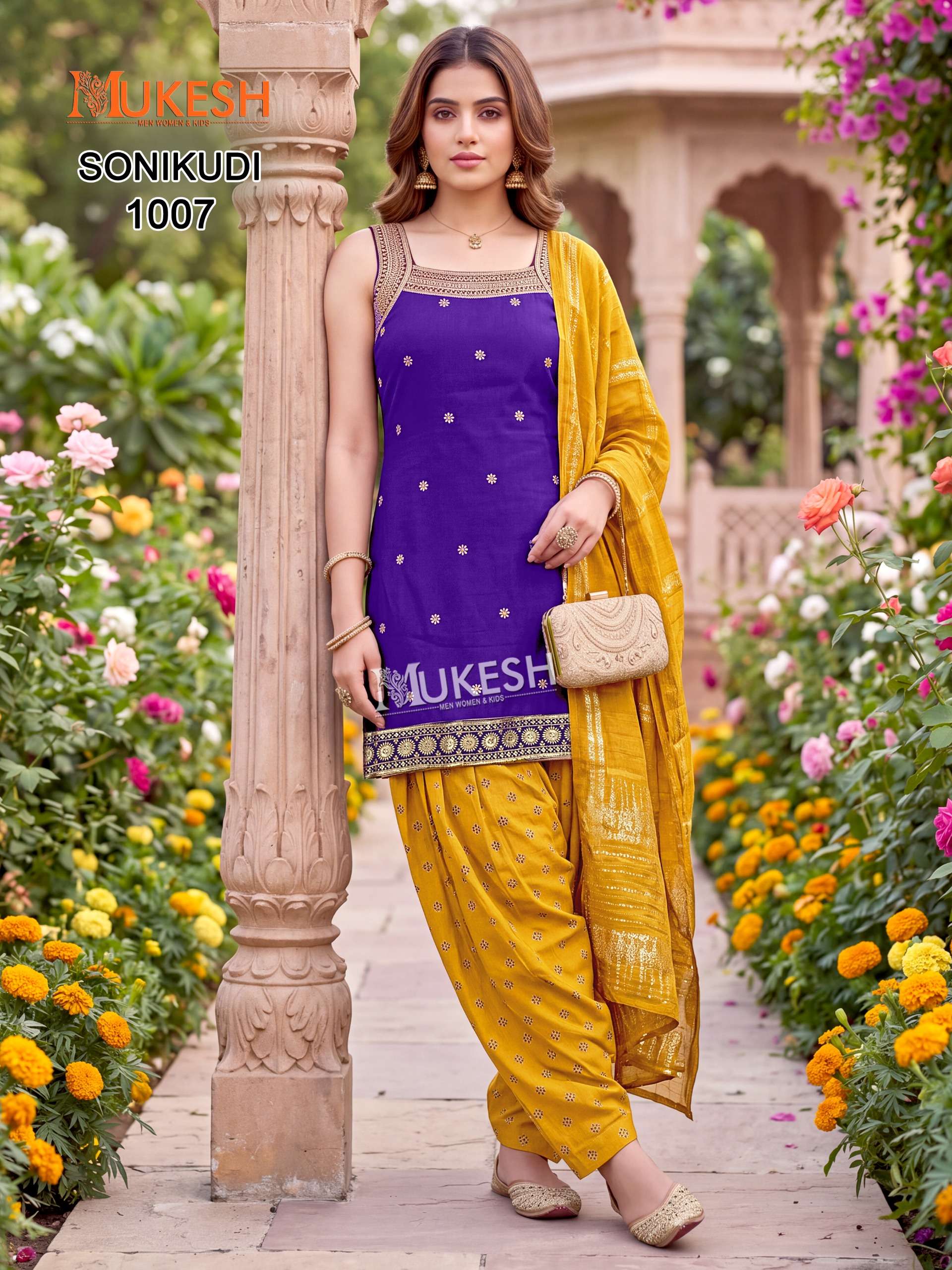 MUKESH SONIKUDI SILK DESIGNER WORK KURTI PATIYALA BOTTOM AND DUPATTA SET 