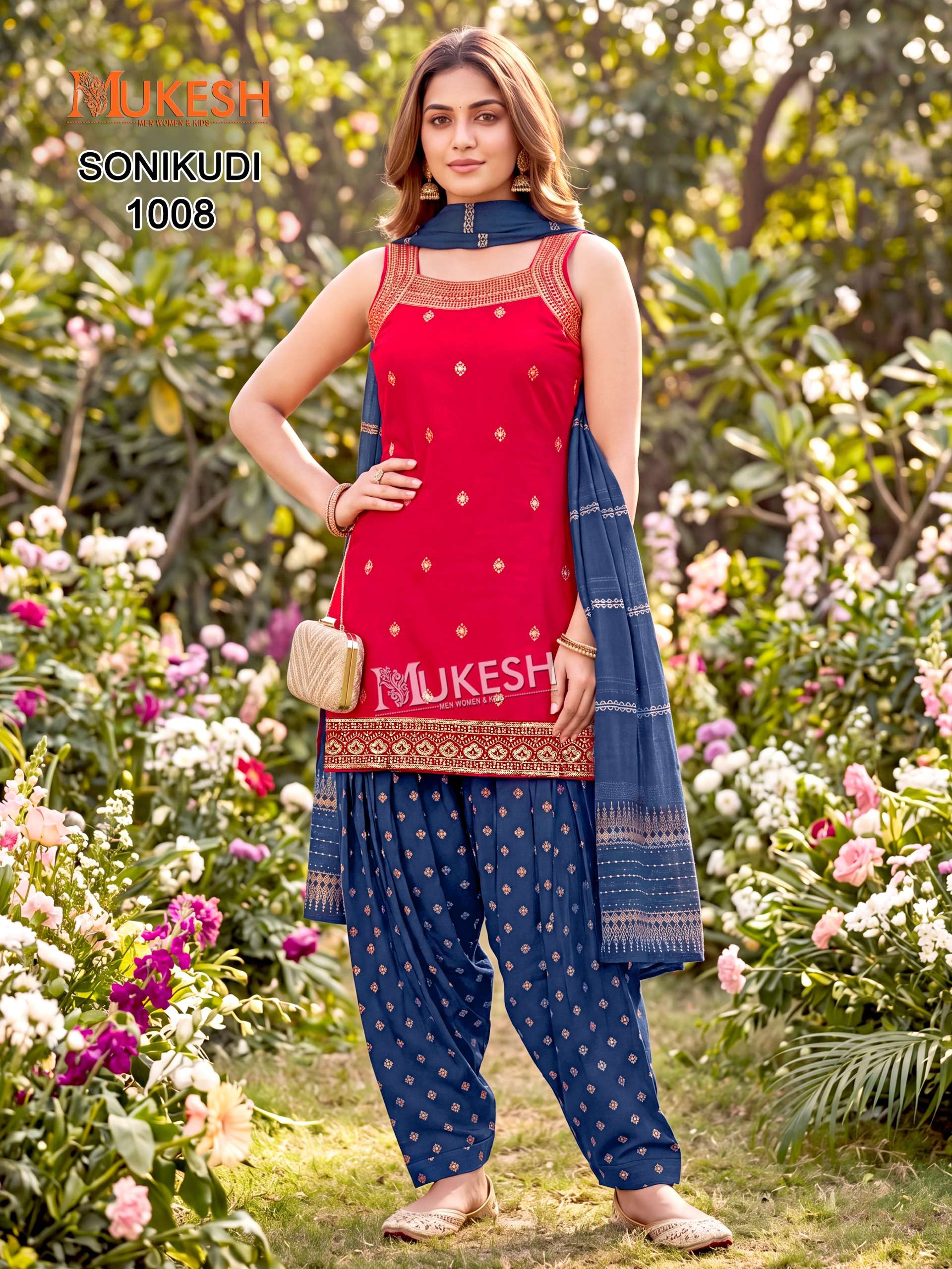MUKESH SONIKUDI SILK DESIGNER WORK KURTI PATIYALA BOTTOM AND DUPATTA SET 
