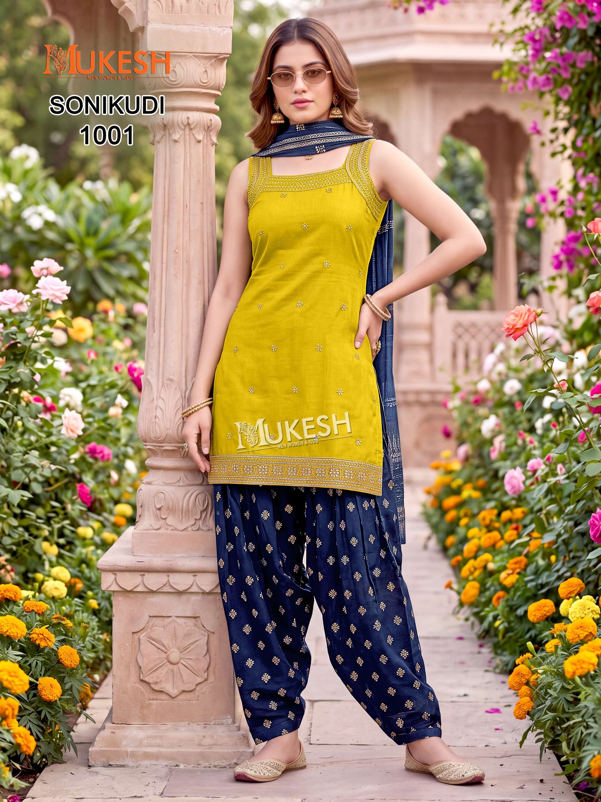 MUKESH SONIKUDI SILK DESIGNER WORK KURTI PATIYALA BOTTOM AND DUPATTA SET 