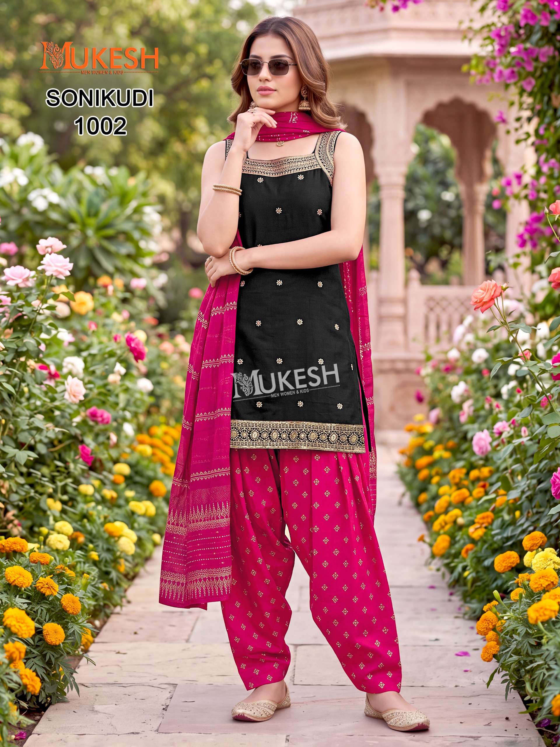 MUKESH SONIKUDI SILK DESIGNER WORK KURTI PATIYALA BOTTOM AND DUPATTA SET 