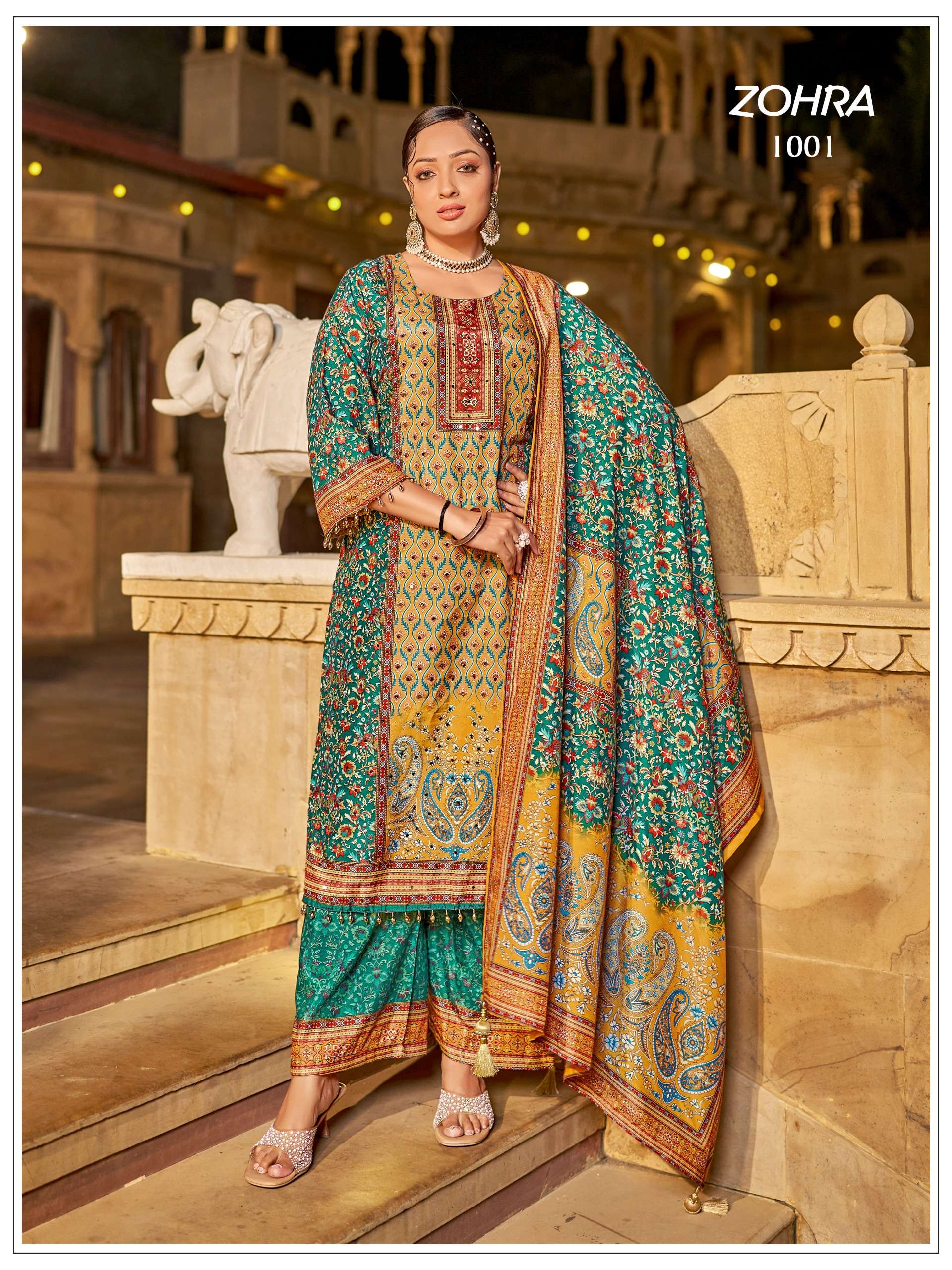 MUKESH ZOHRA JAM SATIN PRINT WITH DESIGNER WORK READY MADE LADIES SUIT 