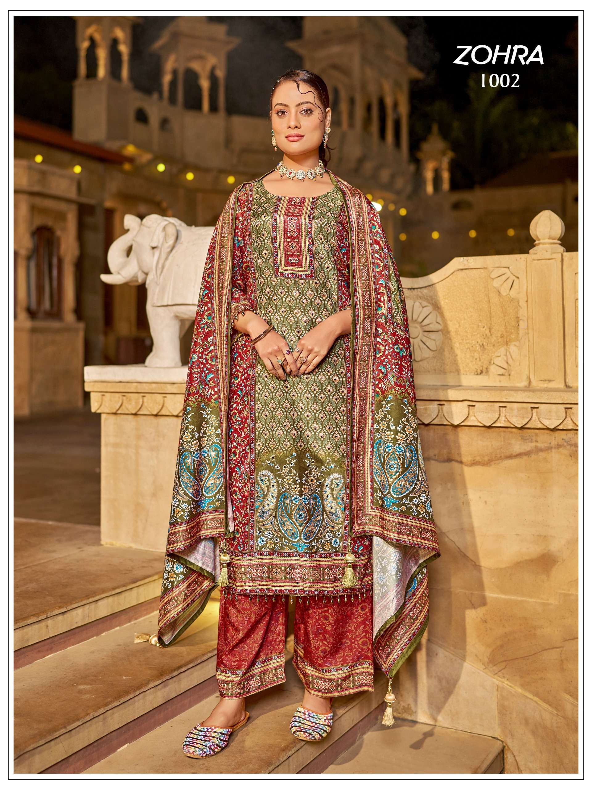 MUKESH ZOHRA JAM SATIN PRINT WITH DESIGNER WORK READY MADE LADIES SUIT 