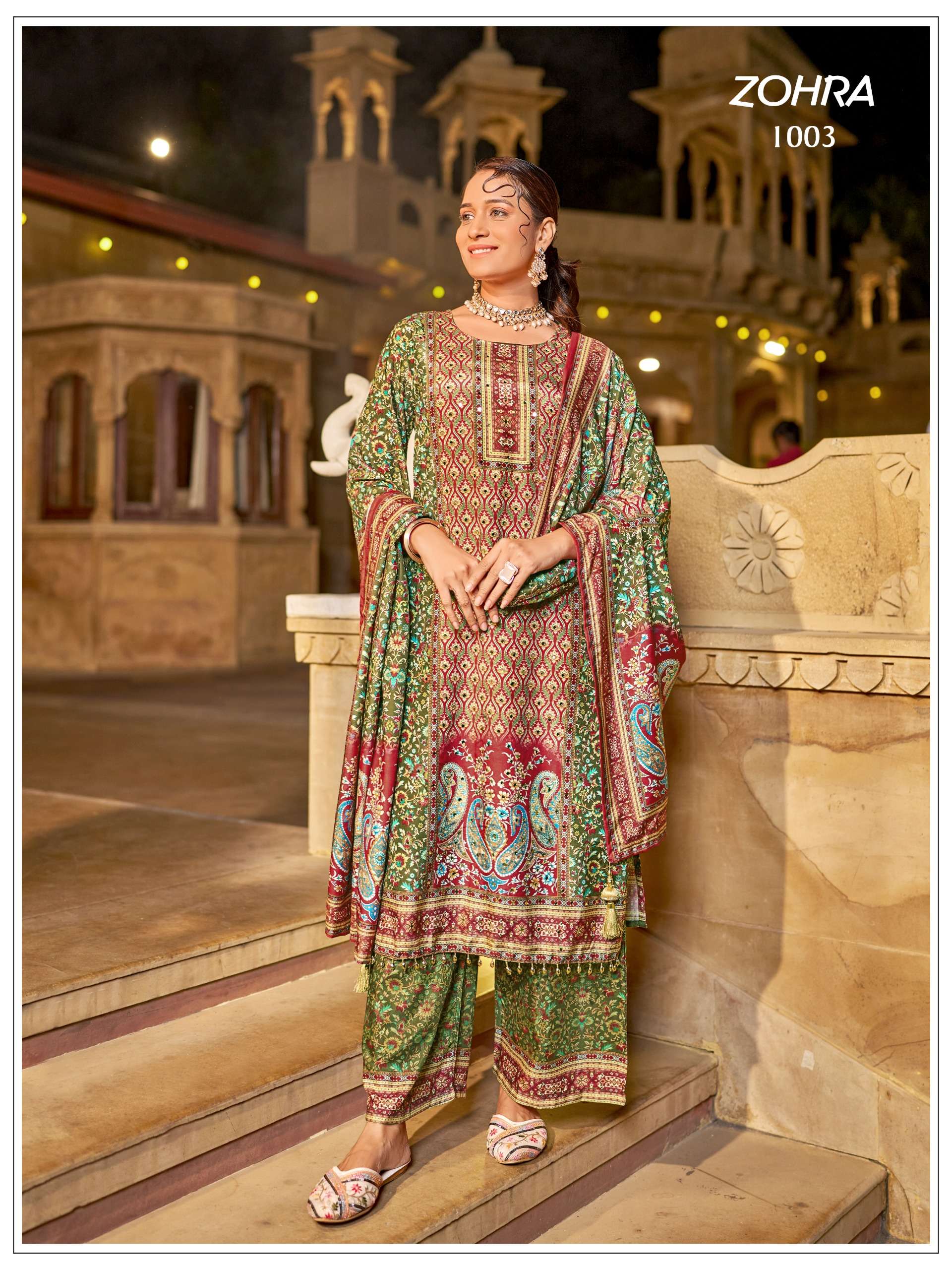 MUKESH ZOHRA JAM SATIN PRINT WITH DESIGNER WORK READY MADE LADIES SUIT 