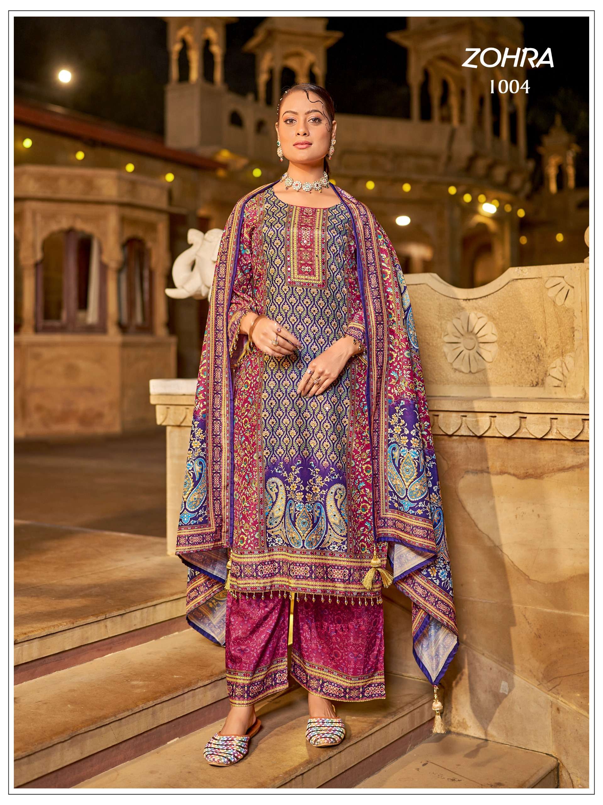 MUKESH ZOHRA JAM SATIN PRINT WITH DESIGNER WORK READY MADE LADIES SUIT 
