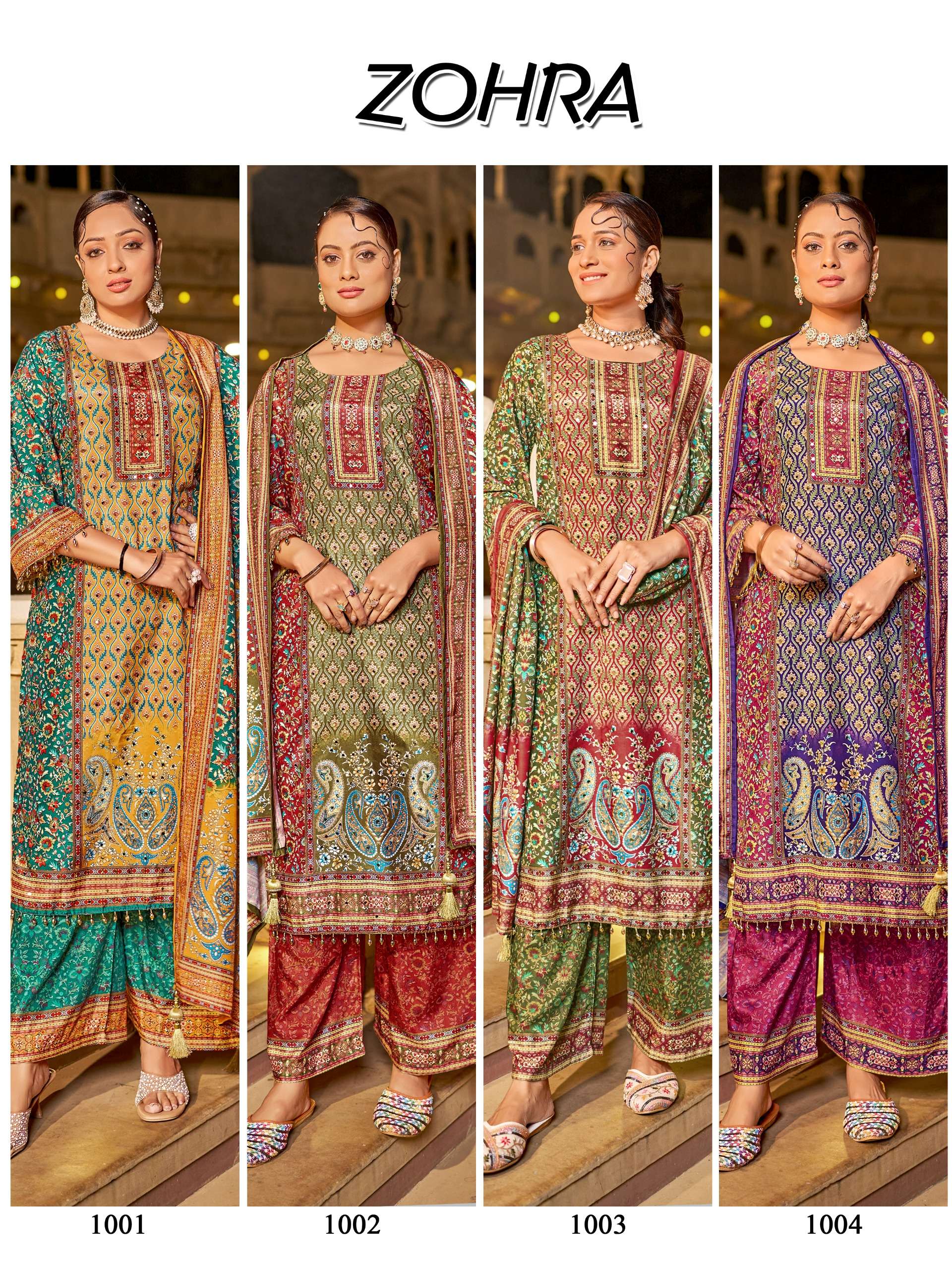 MUKESH ZOHRA JAM SATIN PRINT WITH DESIGNER WORK READY MADE LADIES SUIT 