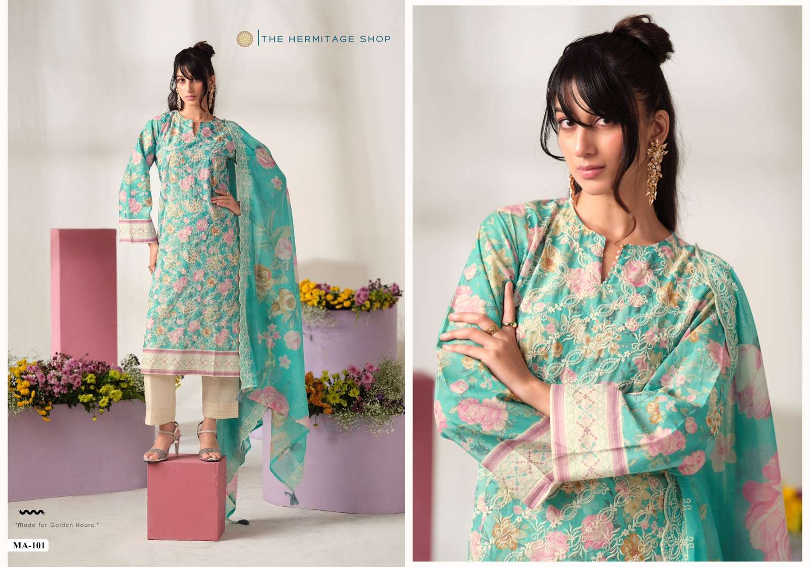 MUMTAZ ARTS MAL MAL FIZA LAWN COTTON PRINT WITH FANCY DESIGNER WORK SUIT