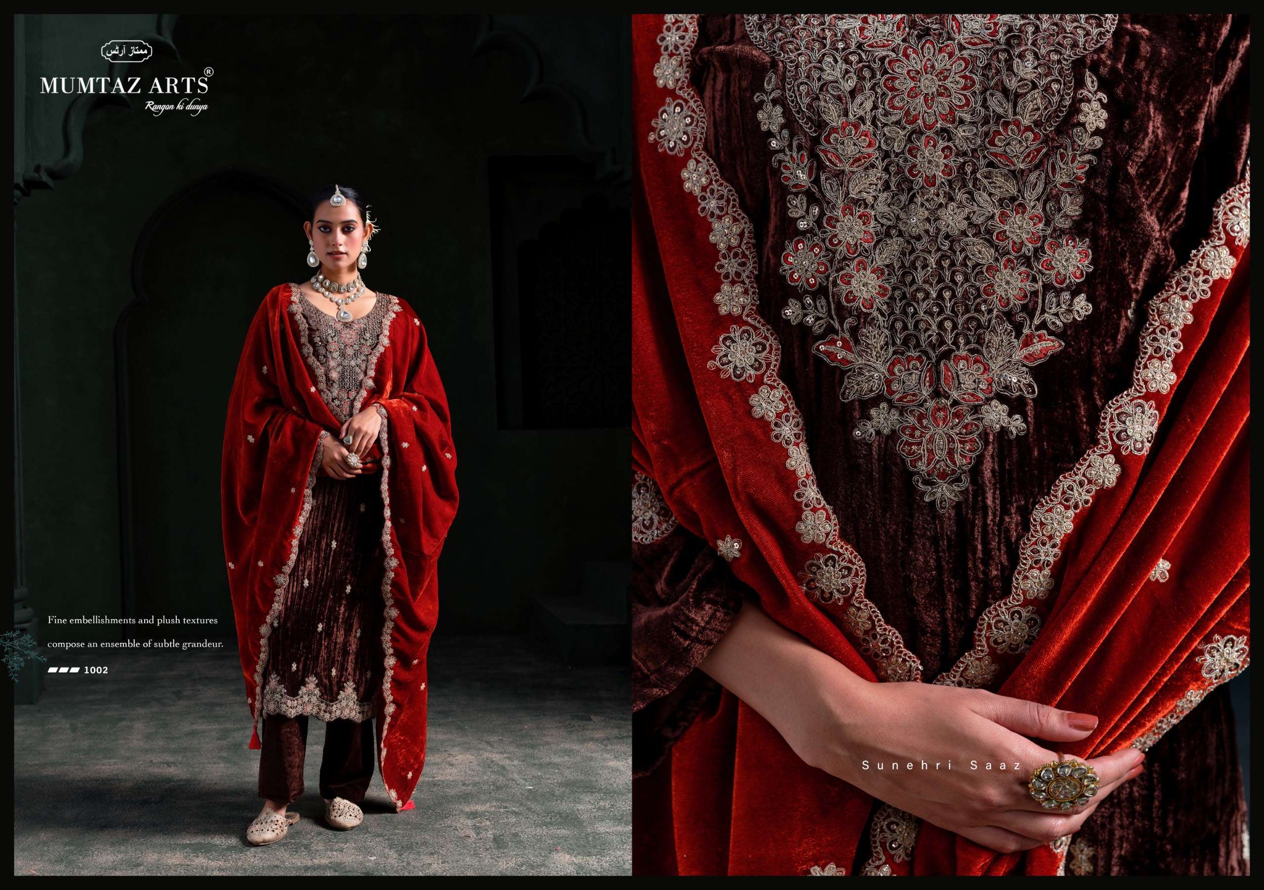 MUMTAZ ARTS MEHROON VELVET EMBROIDERED DESIGNER HEAVY WORKED SUIT