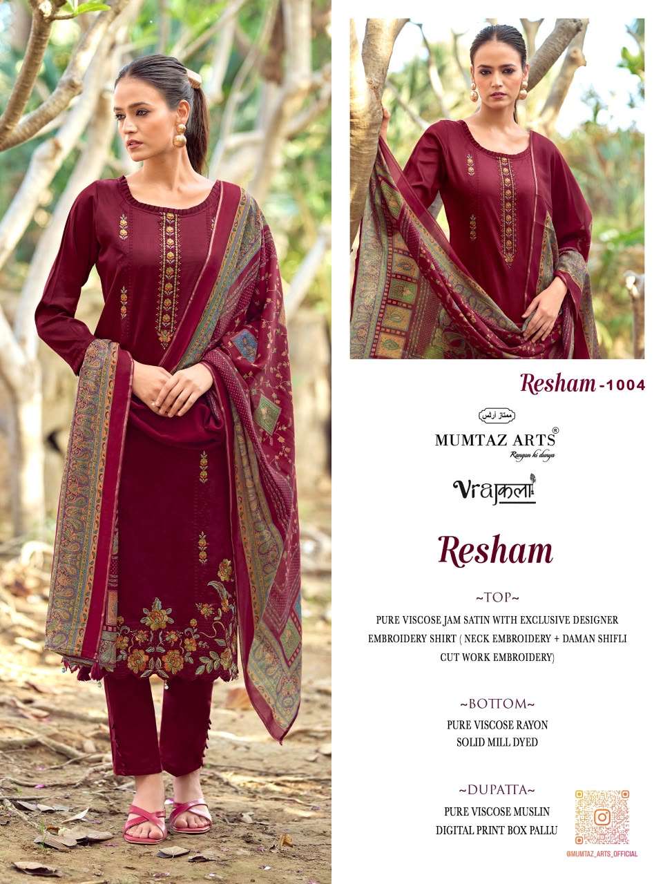 MUMTAZ ARTS RESHAM JAM SATIN EMBROIDERY DESIGNER WORK SUIT