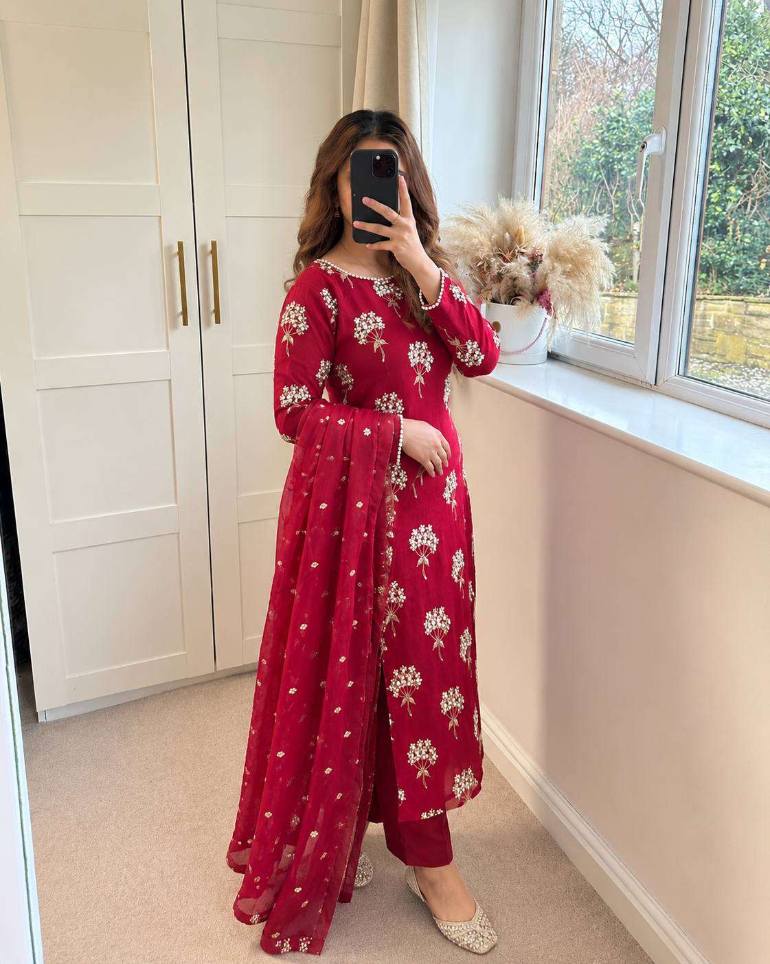 ND 5032 CHINON SILK HEAVY EMBROIDERY DESIGNER LONG TOP PANT WITH DUPATTA SET 