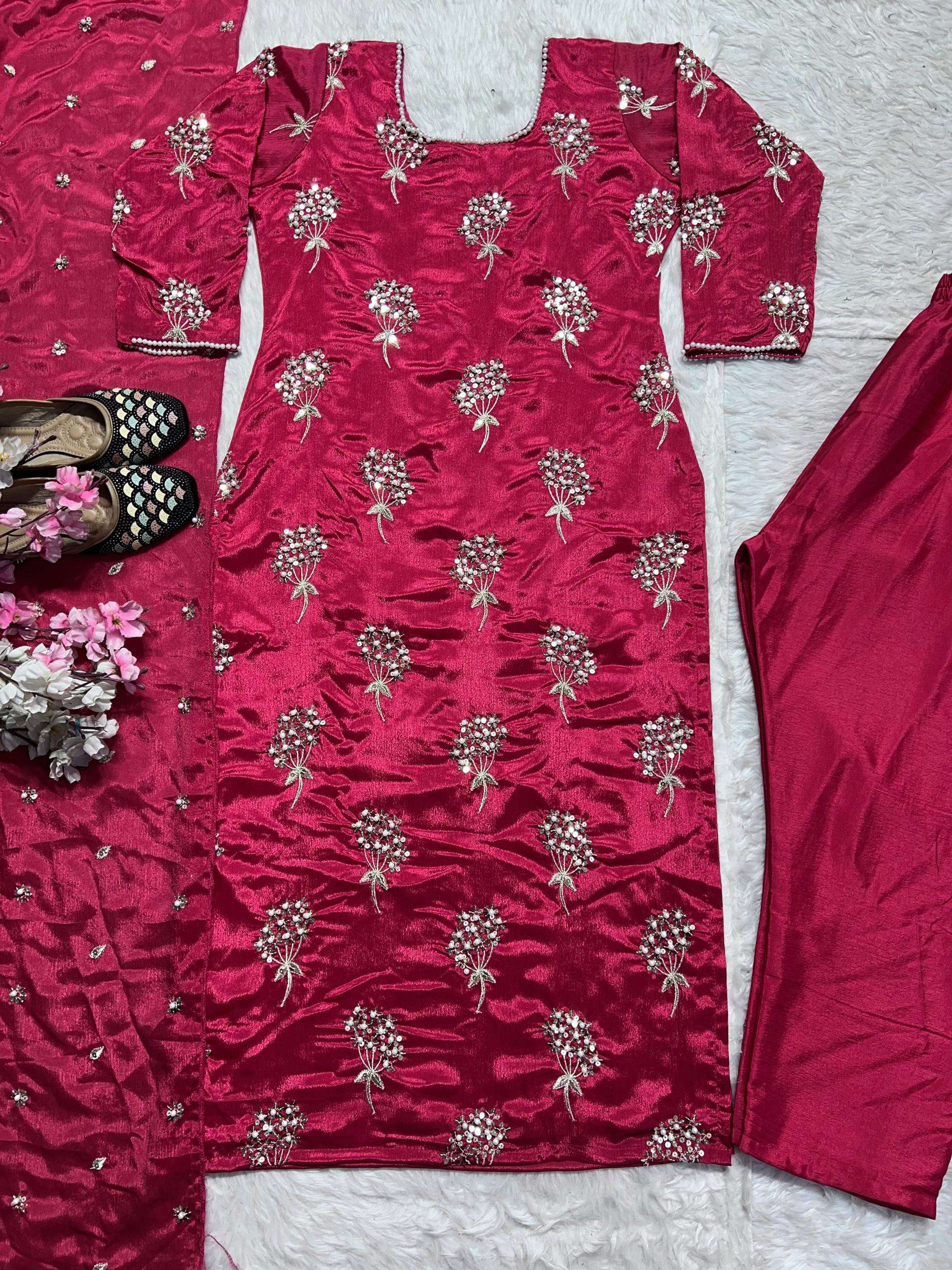 ND 5032 CHINON SILK HEAVY EMBROIDERY DESIGNER LONG TOP PANT WITH DUPATTA SET 