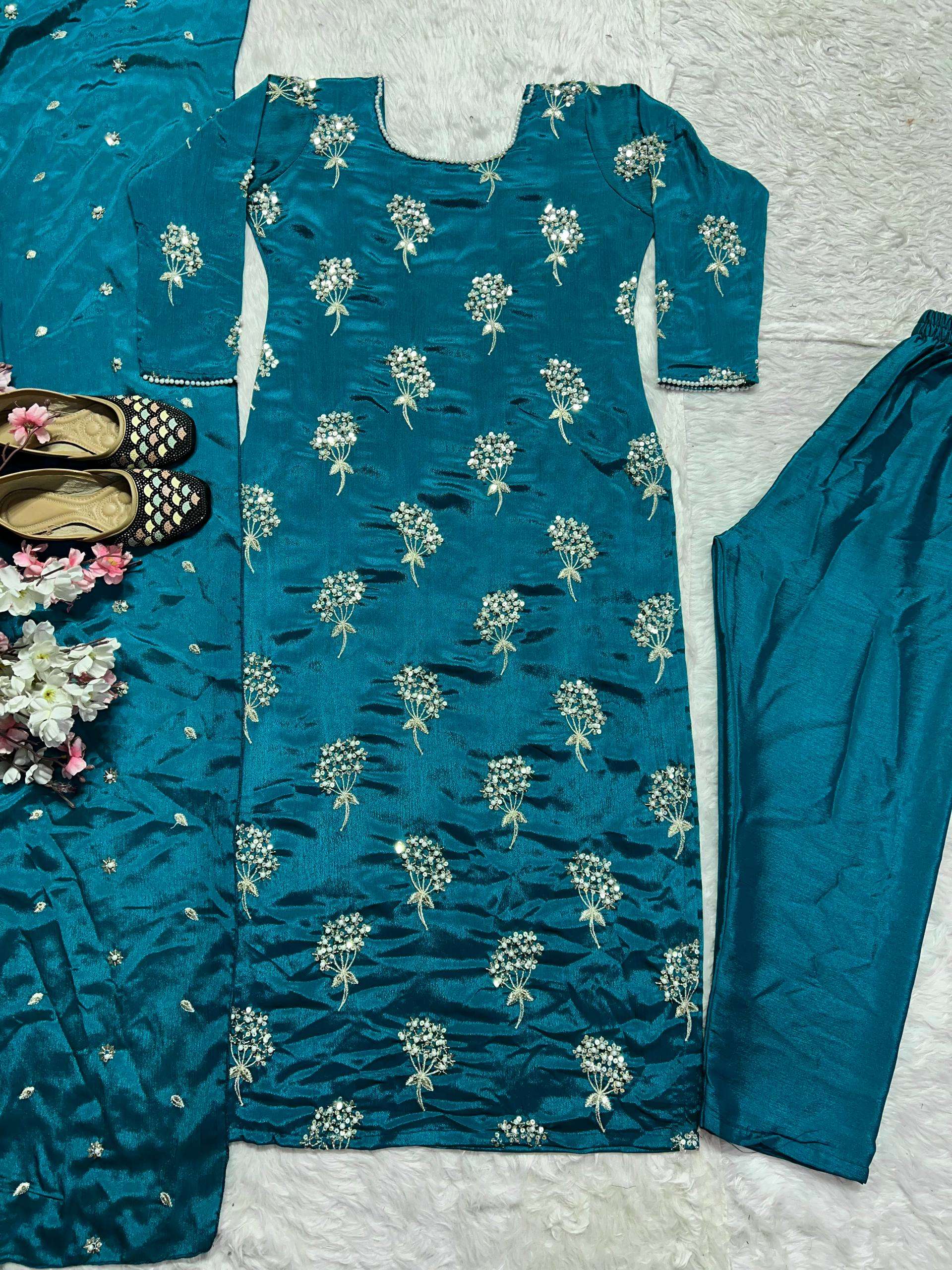 ND 5032 CHINON SILK HEAVY EMBROIDERY DESIGNER LONG TOP PANT WITH DUPATTA SET 