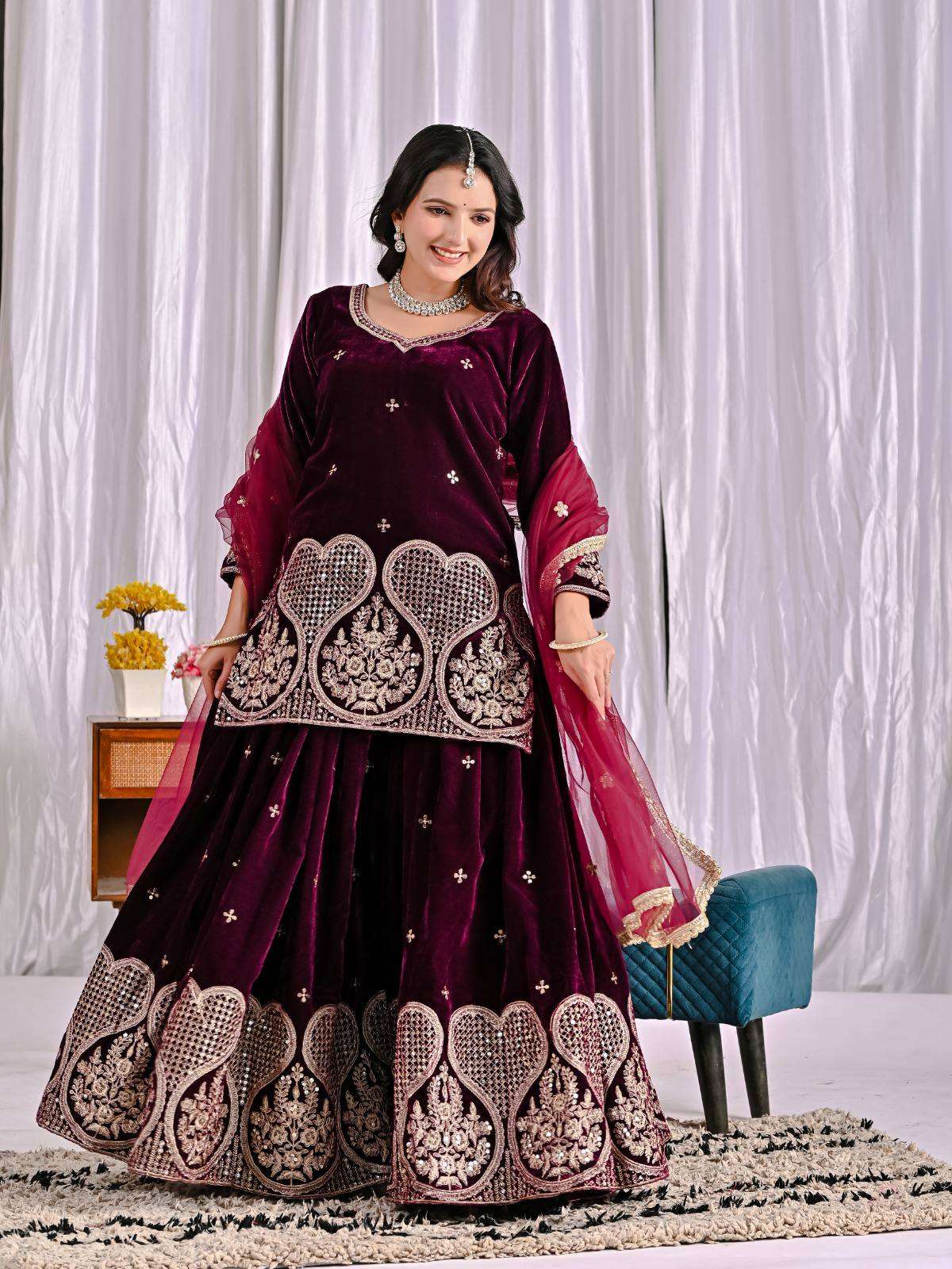 ND 5054 VELVET HEAVY EMBROIDERED DESIGNER WORKED WEDDING FUNCTION WEAR LADIES SUIT 