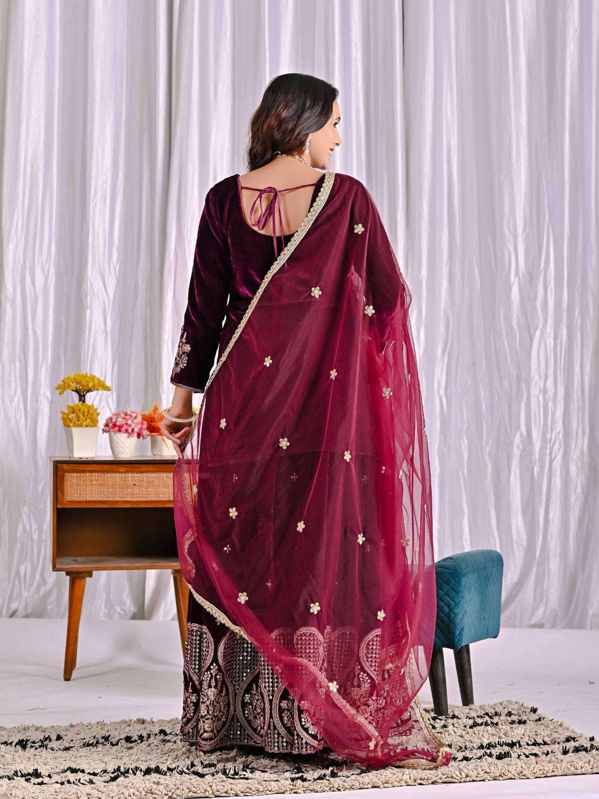 ND 5054 VELVET HEAVY EMBROIDERED DESIGNER WORKED WEDDING FUNCTION WEAR LADIES SUIT 