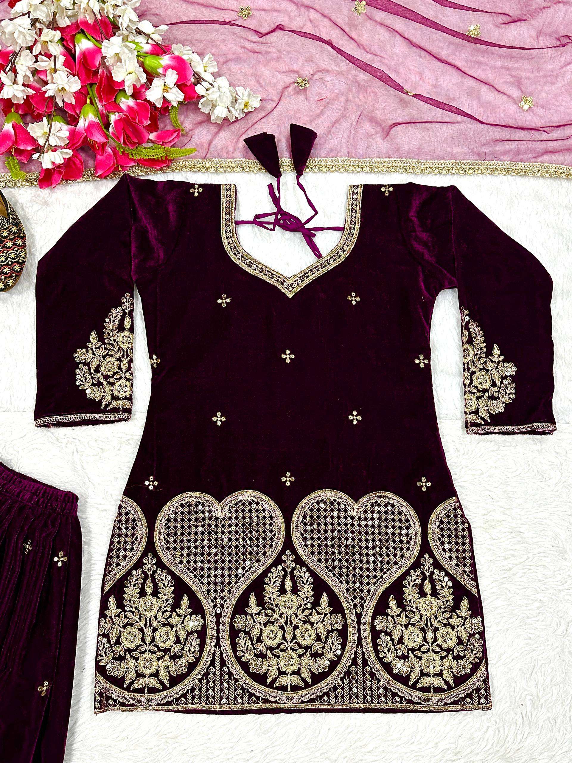ND 5054 VELVET HEAVY EMBROIDERED DESIGNER WORKED WEDDING FUNCTION WEAR LADIES SUIT 