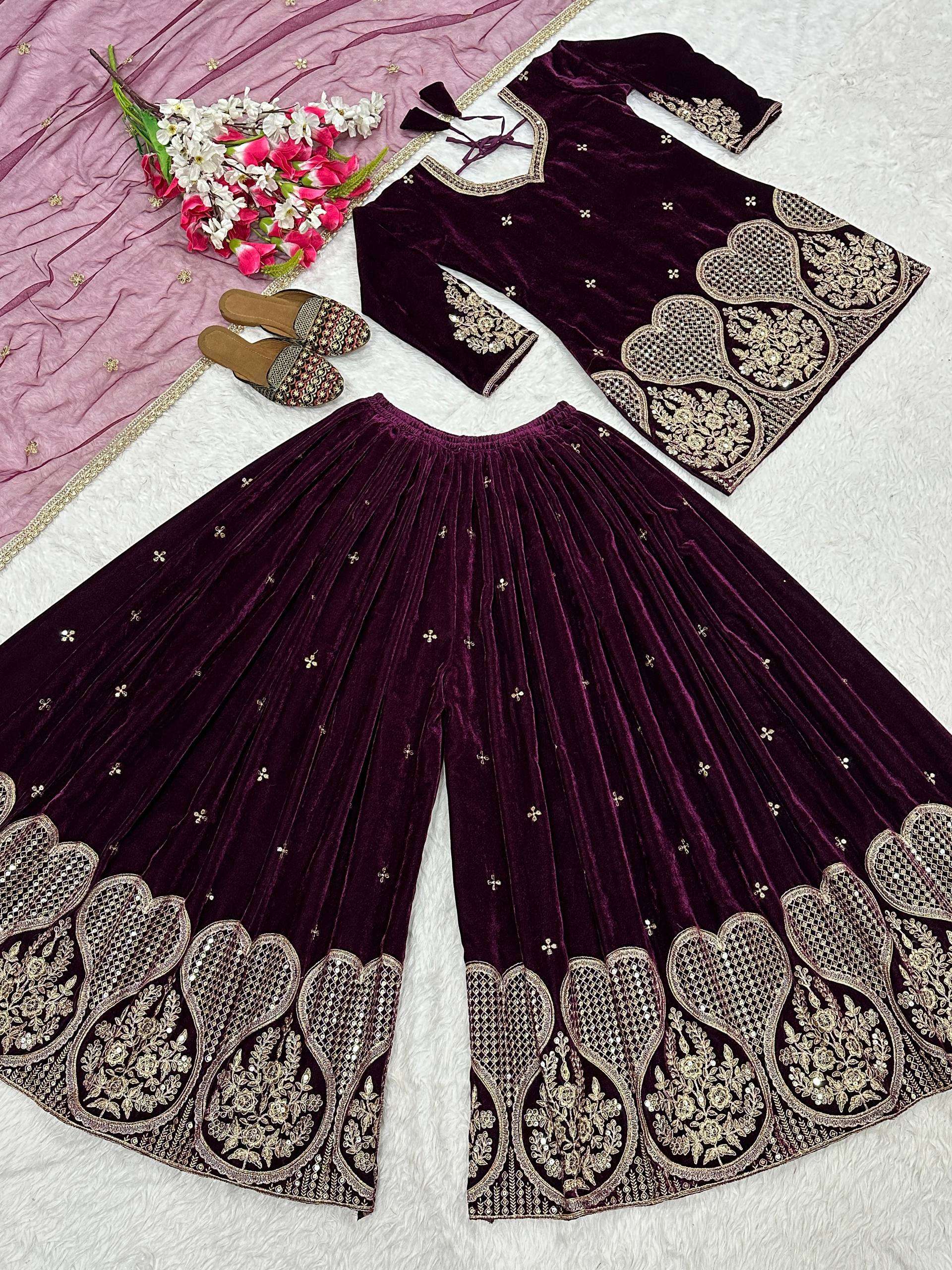 ND 5054 VELVET HEAVY EMBROIDERED DESIGNER WORKED WEDDING FUNCTION WEAR LADIES SUIT 