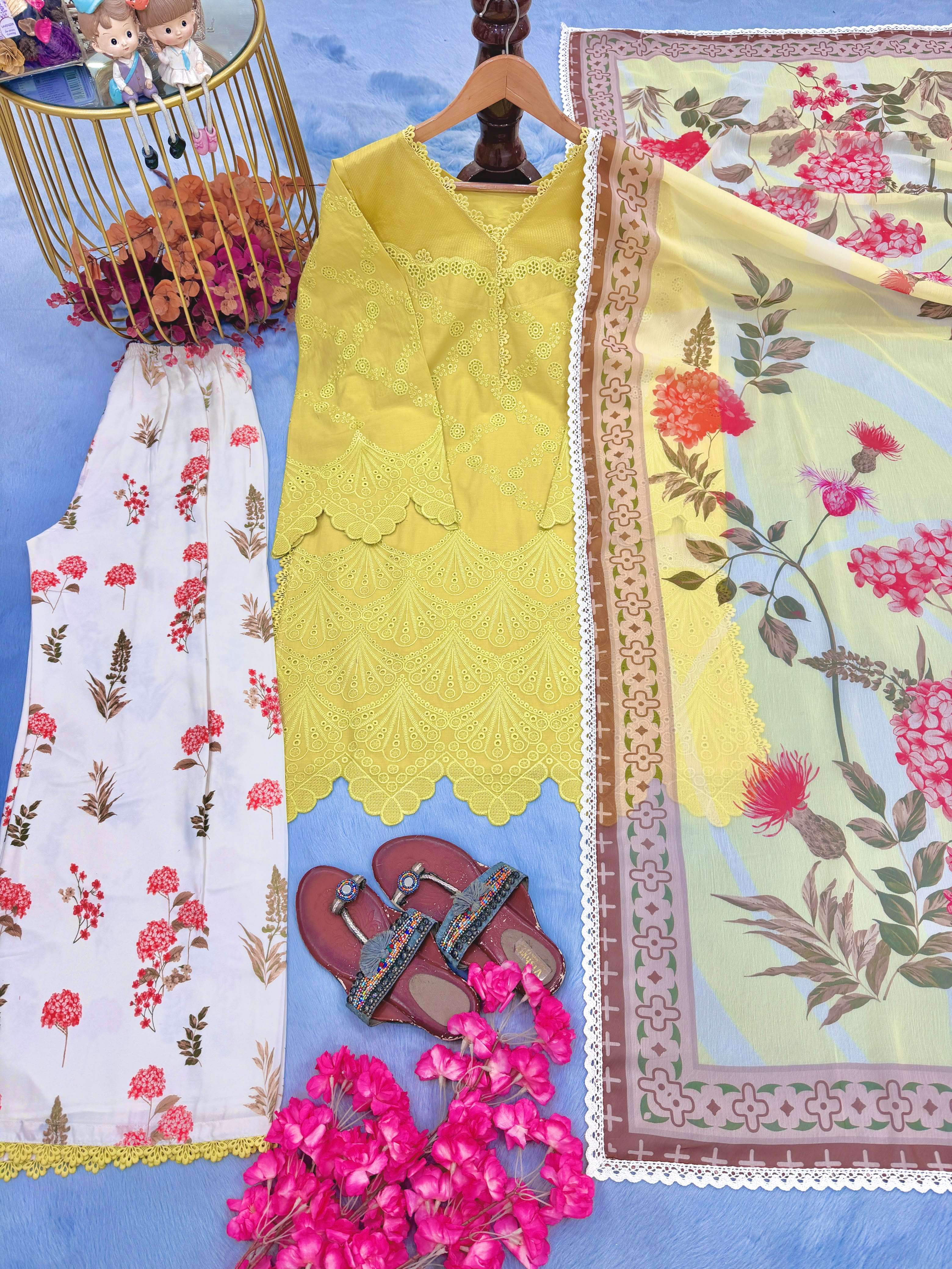 PD 1178 COTTON PREETY LOOKS DESIGNER KURTI PLAZZO WITH DUPATTA SET 