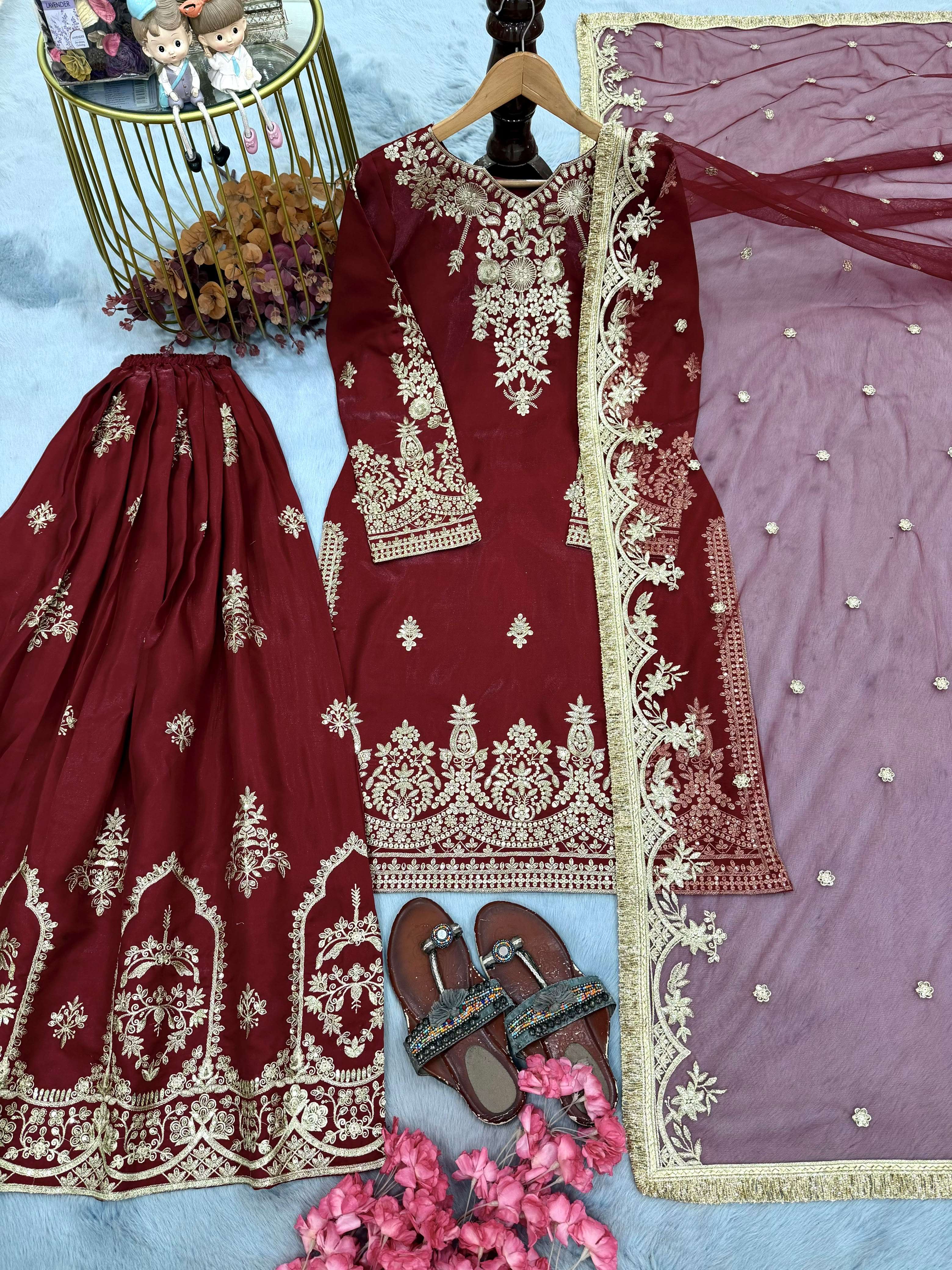 PD 1181 SATIN EMBROIDERED DESIGNER WORKED FESTIVE WEAR LADIES SUIT 
