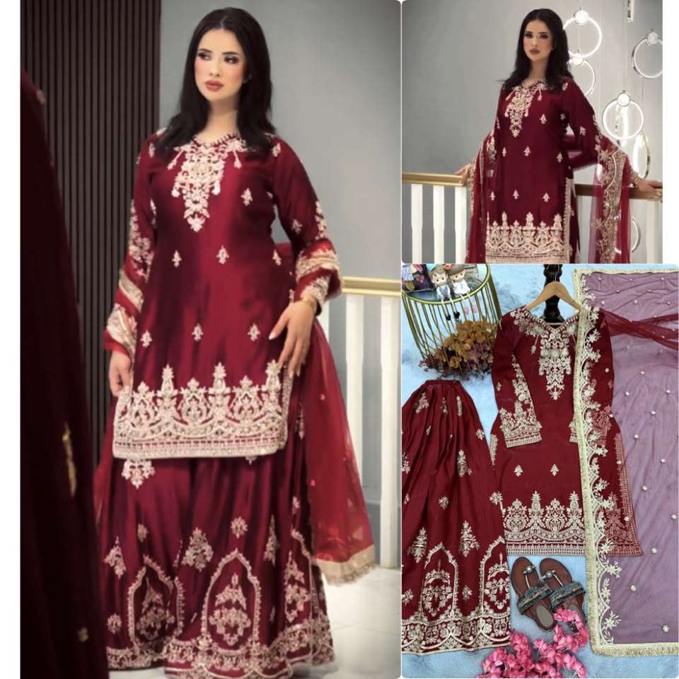 PD 1181 SATIN EMBROIDERED DESIGNER WORKED FESTIVE WEAR LADIES SUIT 