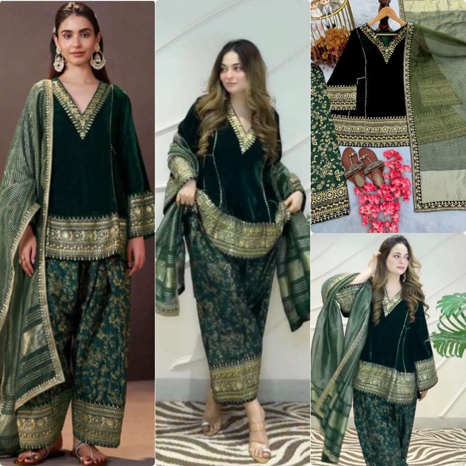 PD 1182 VELVET EMBROIDERED DESIGNER WORKED TOP FARSHI PLAZZO AND DUPATTA SET 