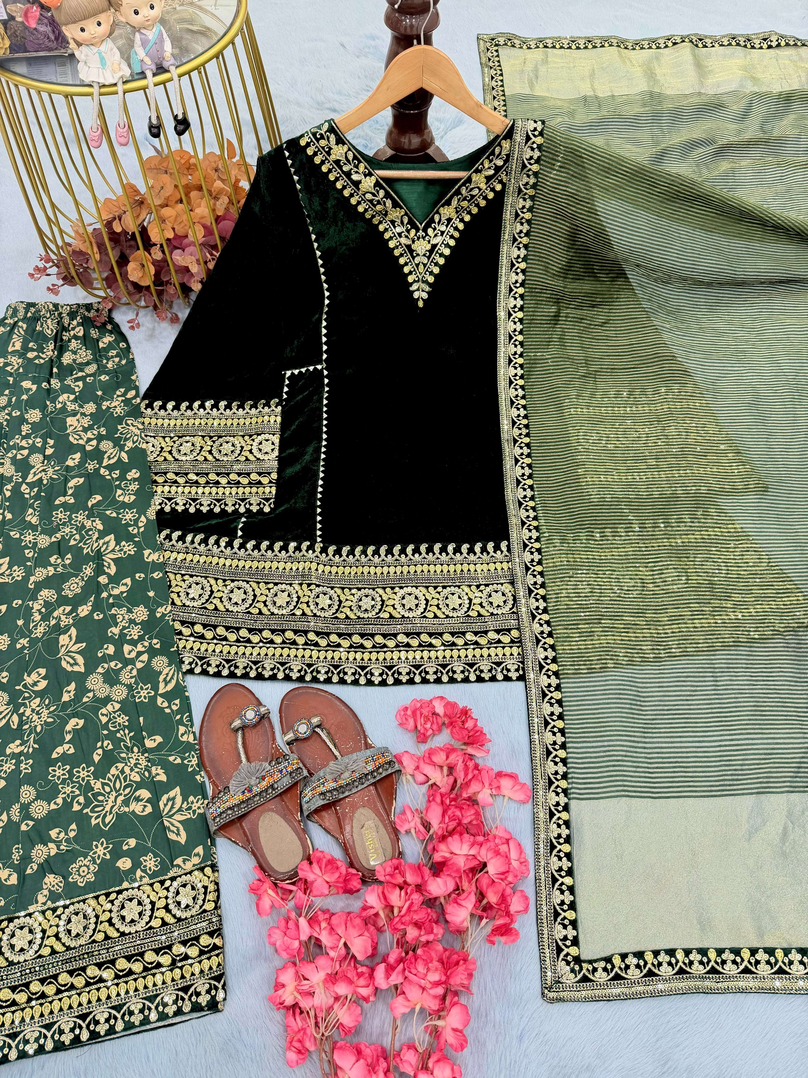 PD 1182 VELVET EMBROIDERED DESIGNER WORKED TOP FARSHI PLAZZO AND DUPATTA SET 