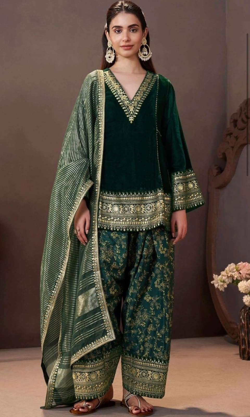 PD 1182 VELVET EMBROIDERED DESIGNER WORKED TOP FARSHI PLAZZO AND DUPATTA SET 