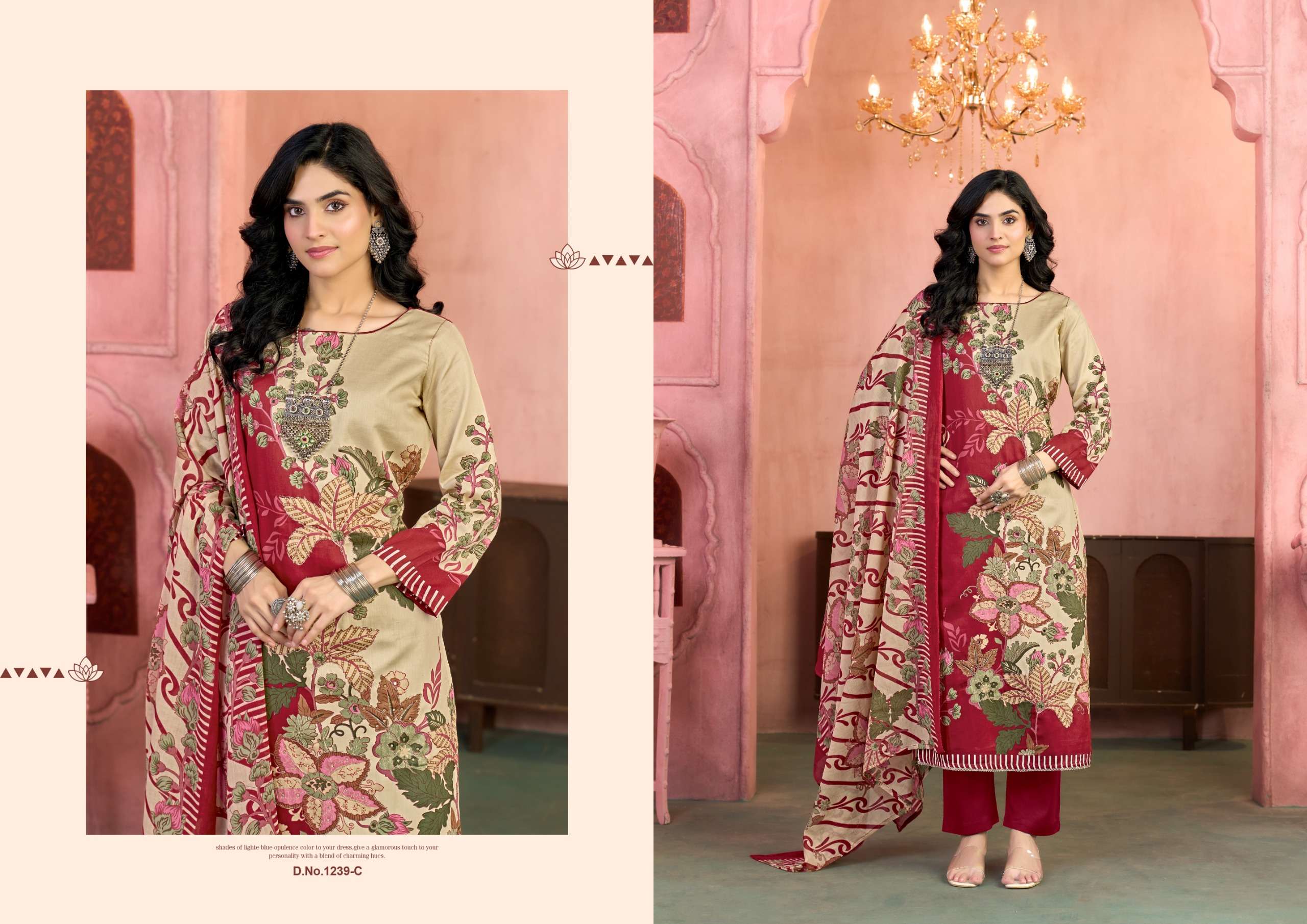 RADHIKA FASHION AZARA KAYKA D NO 1239 JAM COTTON PRINT WITH FANCY WORK SUIT 