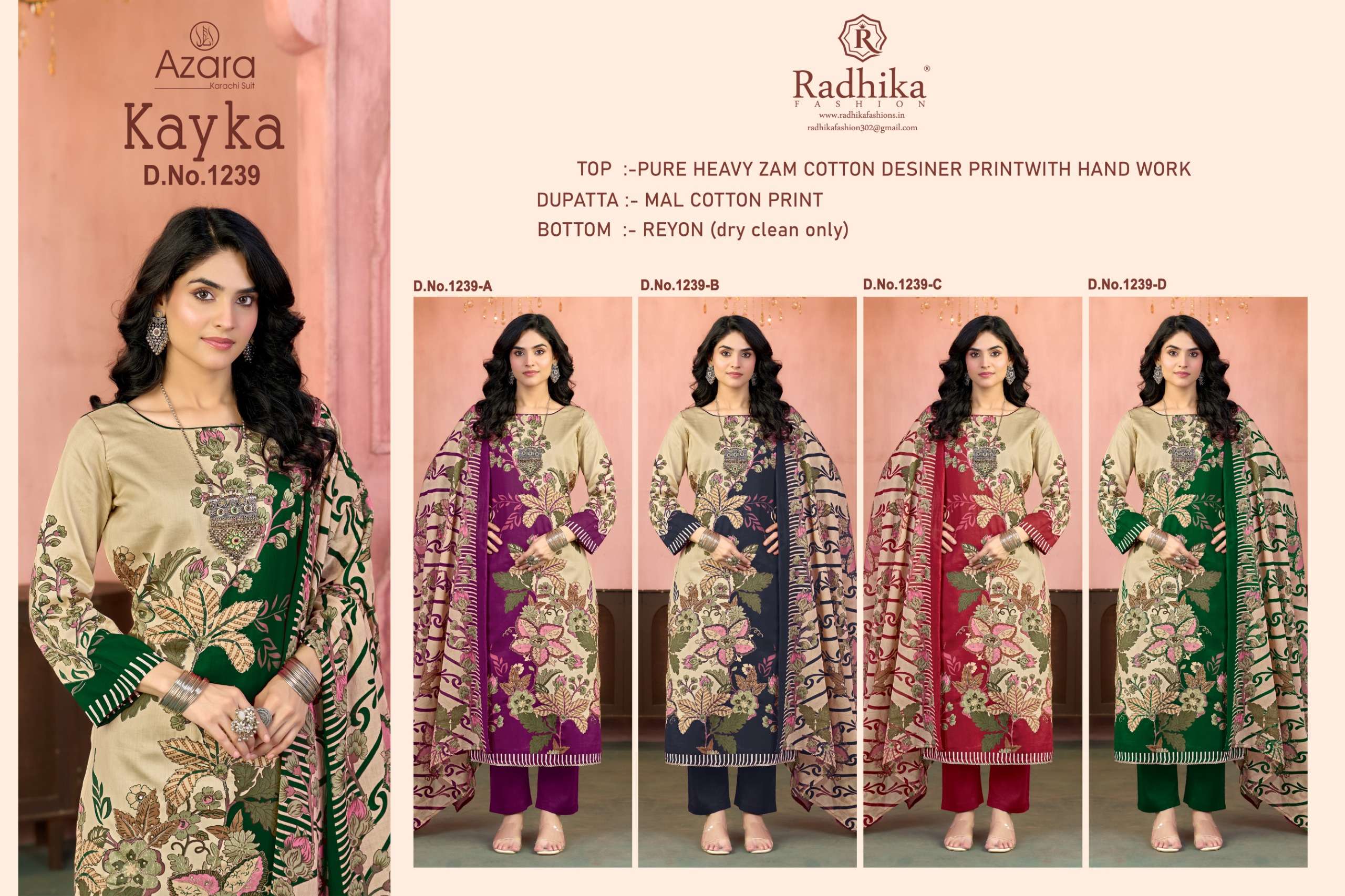RADHIKA FASHION AZARA KAYKA D NO 1239 JAM COTTON PRINT WITH FANCY WORK SUIT 