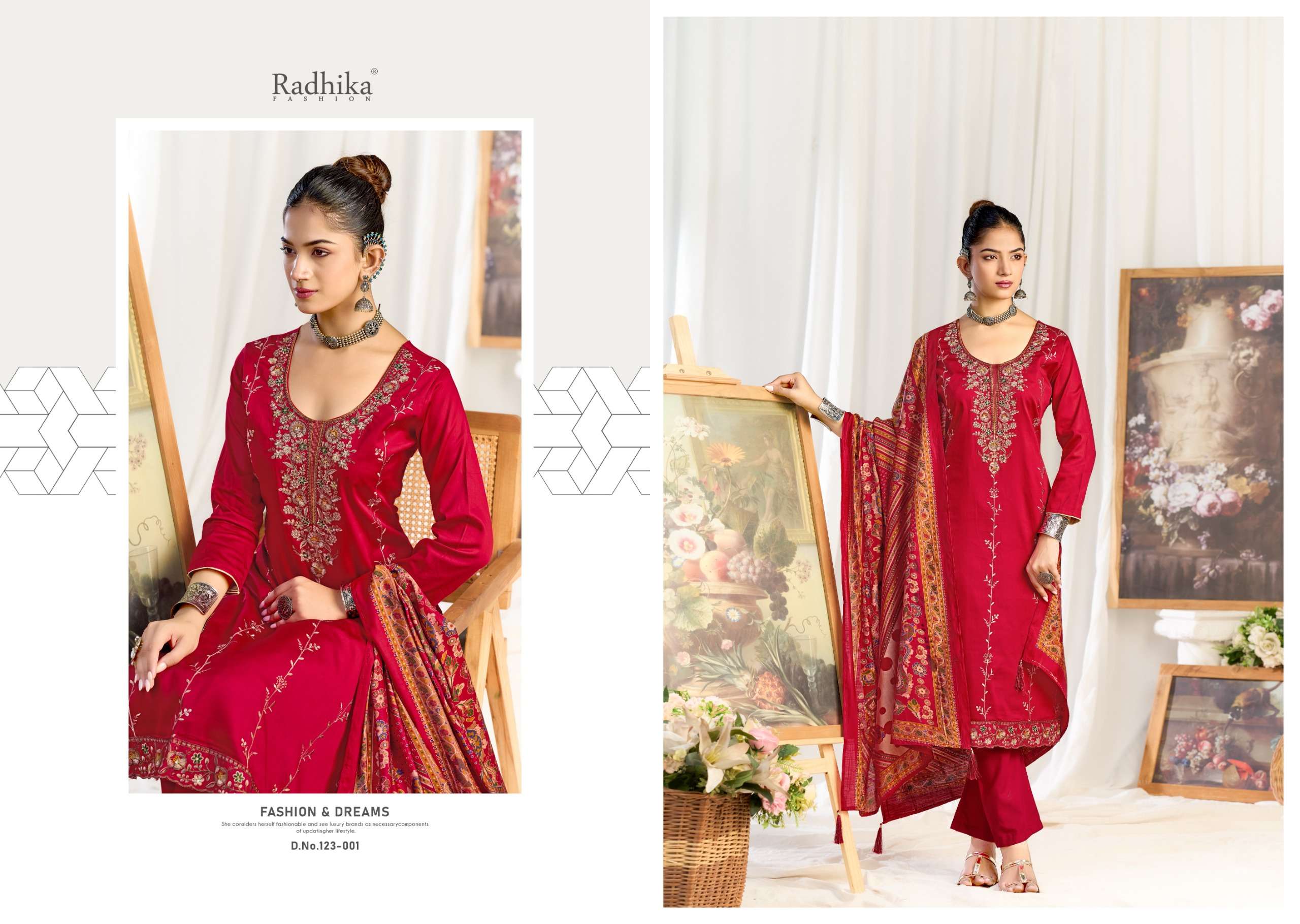 RADHIKA FASHION AZARA ZEENAT JAM COTTON PRINT WITH FANCY WORK SUIT 