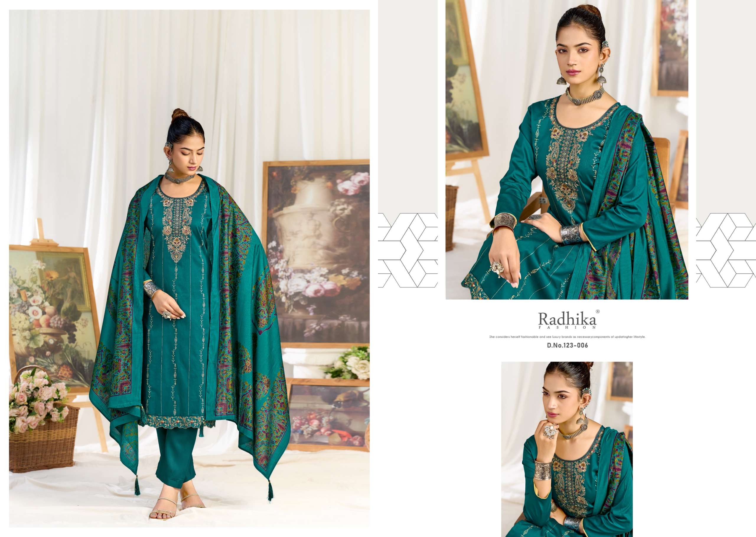 RADHIKA FASHION AZARA ZEENAT JAM COTTON PRINT WITH FANCY WORK SUIT 