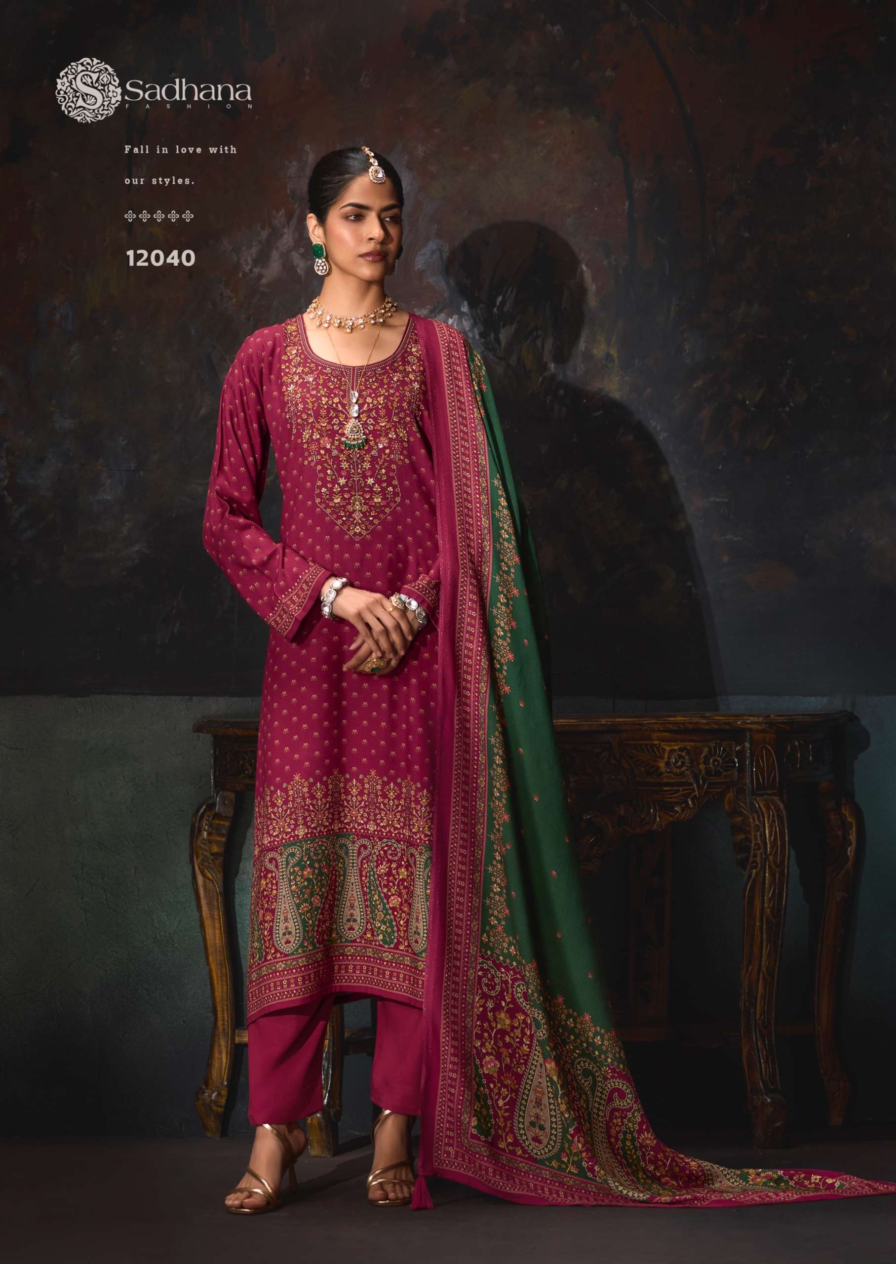 SADHANA FASHION ROSA PASHMINA DIGITAL PRINT WITH DESIGNER WORK SUIT
