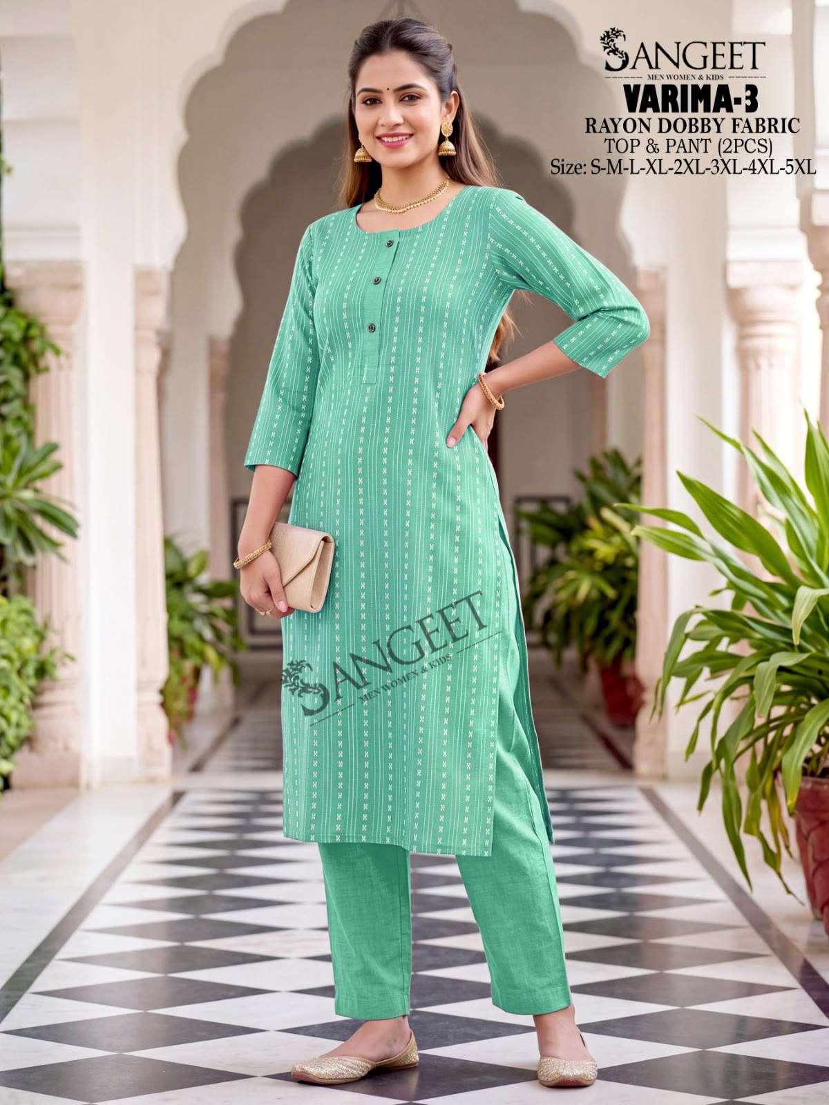 SANGEET VARIMA VOL 3 RAYON FANCY WORKS LADIES KURTI WITH PANT PAIR 