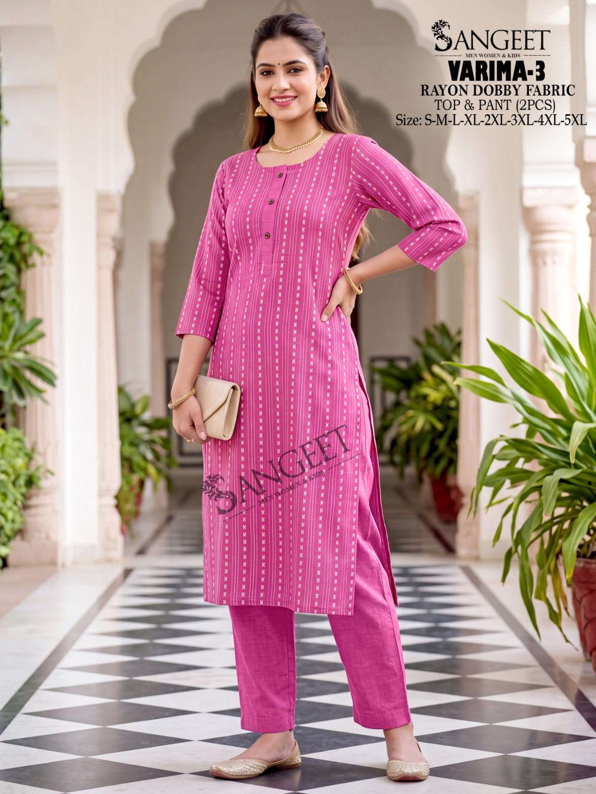 SANGEET VARIMA VOL 3 RAYON FANCY WORKS LADIES KURTI WITH PANT PAIR 