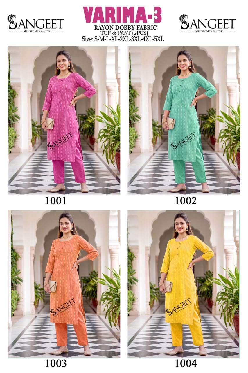 SANGEET VARIMA VOL 3 RAYON FANCY WORKS LADIES KURTI WITH PANT PAIR 