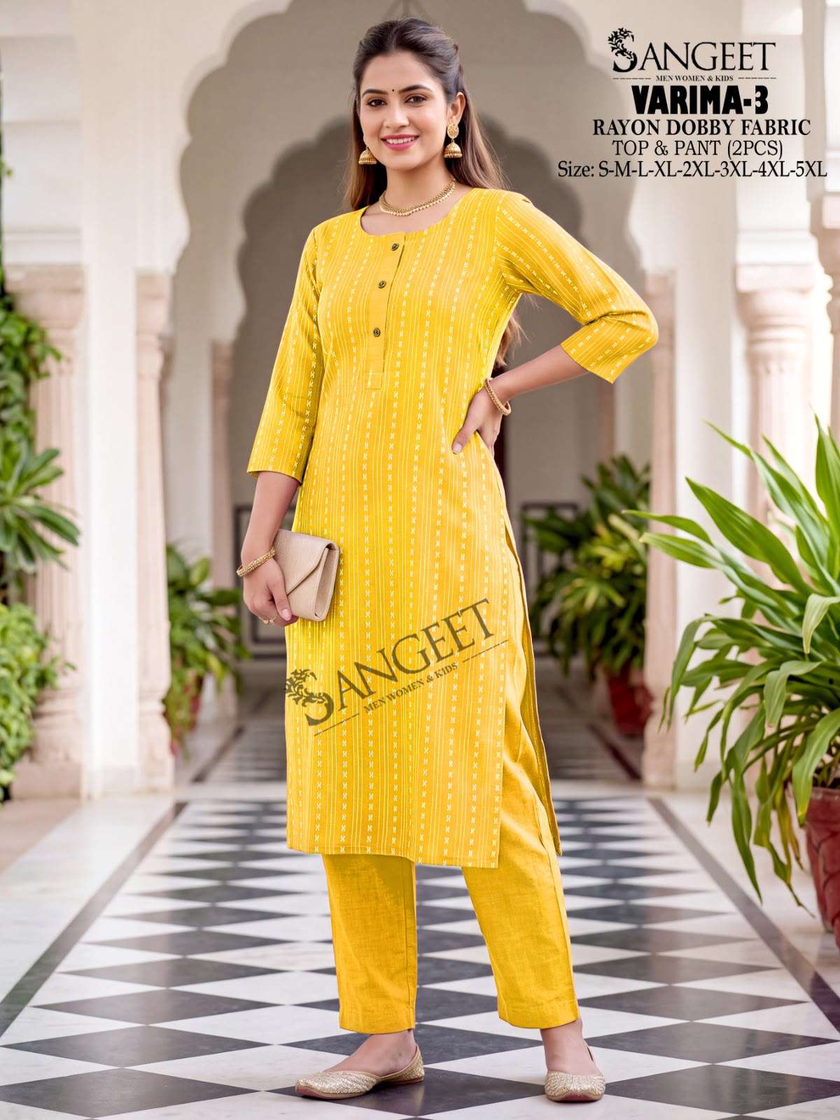 SANGEET VARIMA VOL 3 RAYON FANCY WORKS LADIES KURTI WITH PANT PAIR 