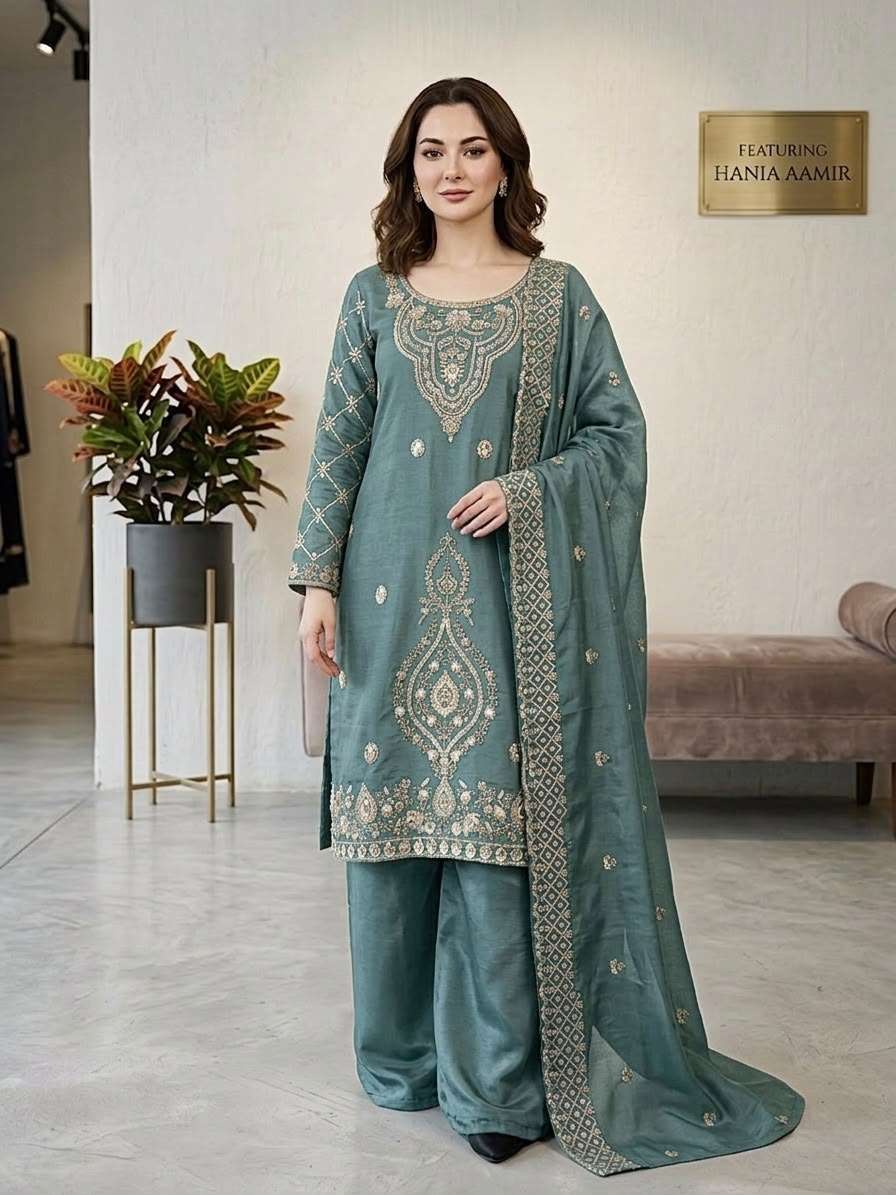 SR 1727 SILK SEQUENCE EMBROIDERY DESIGNER WORK FESTIVE WEAR LADIES SUIT