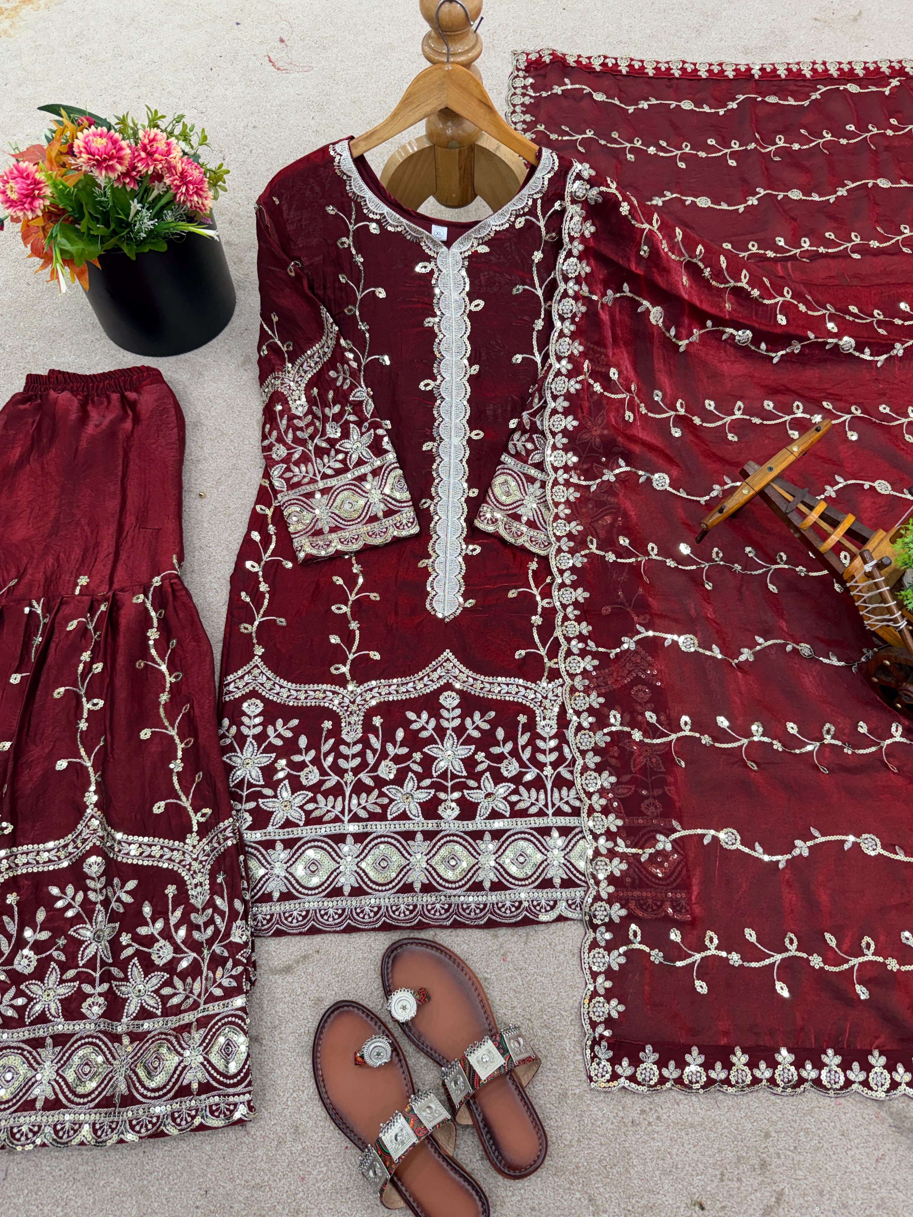 SSR 533 SILK SEQUENCE EMBROIDERY DESIGNER WORK FESTIVE WEAR SUIT
