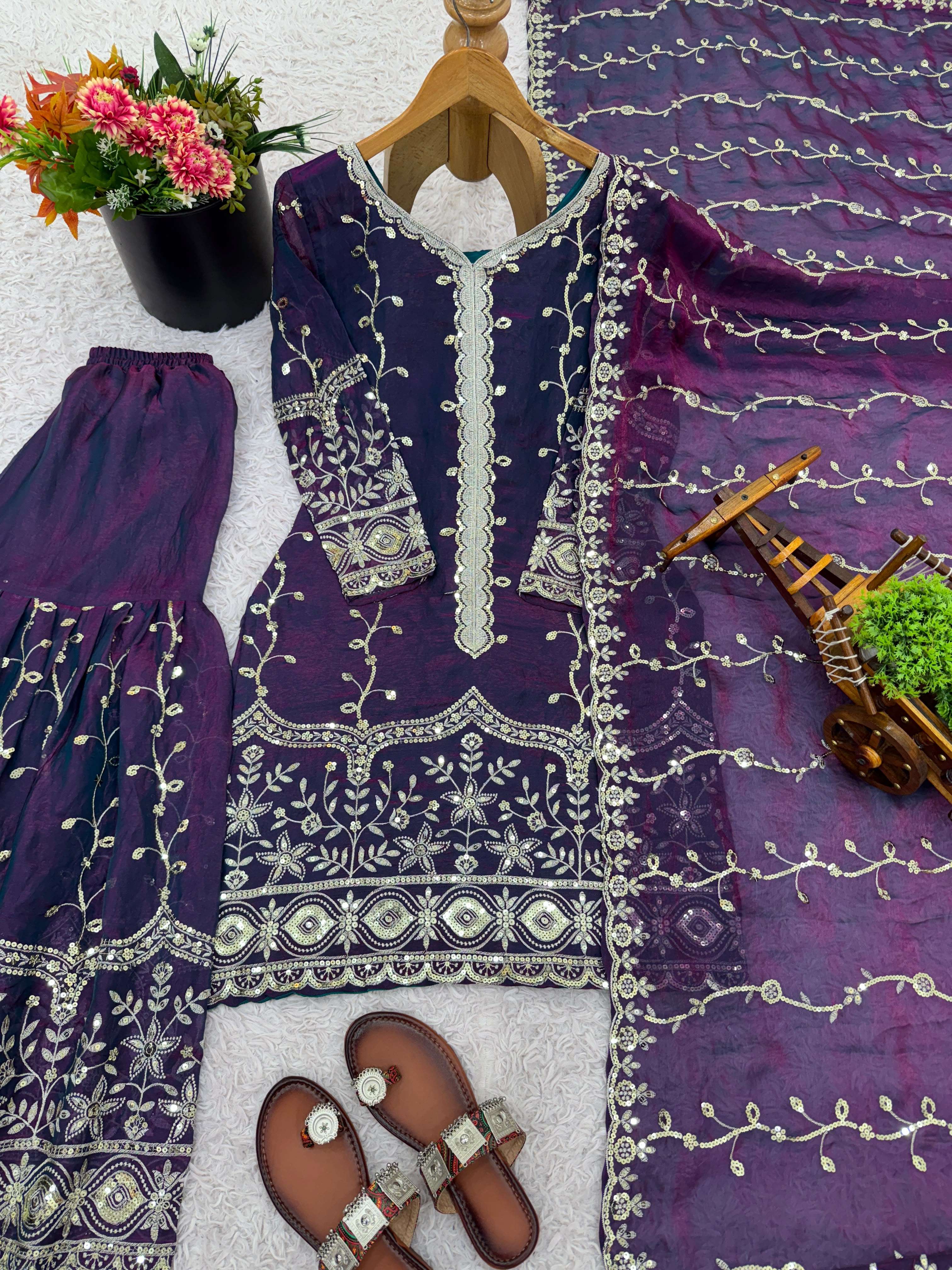 SSR 533 SILK SEQUENCE EMBROIDERY DESIGNER WORK FESTIVE WEAR SUIT
