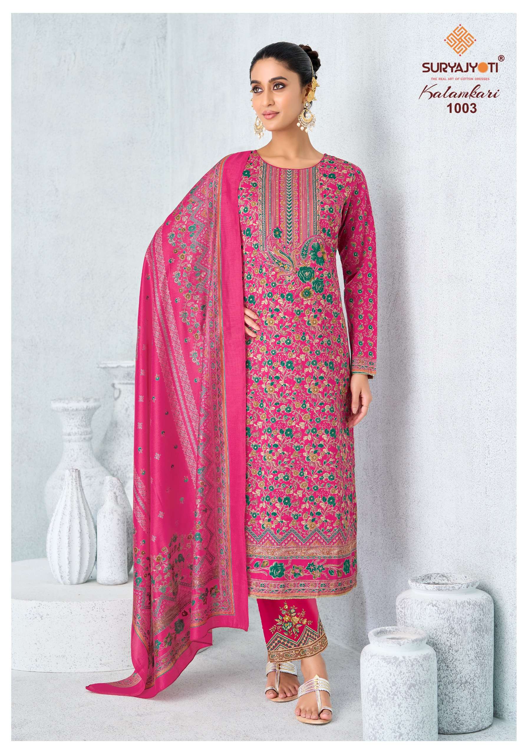 SURYAJYOTI KALAMKARI VOL 1 JAM SATIN PRINT WITH FANCY SWAROVSKI WORK SUIT 