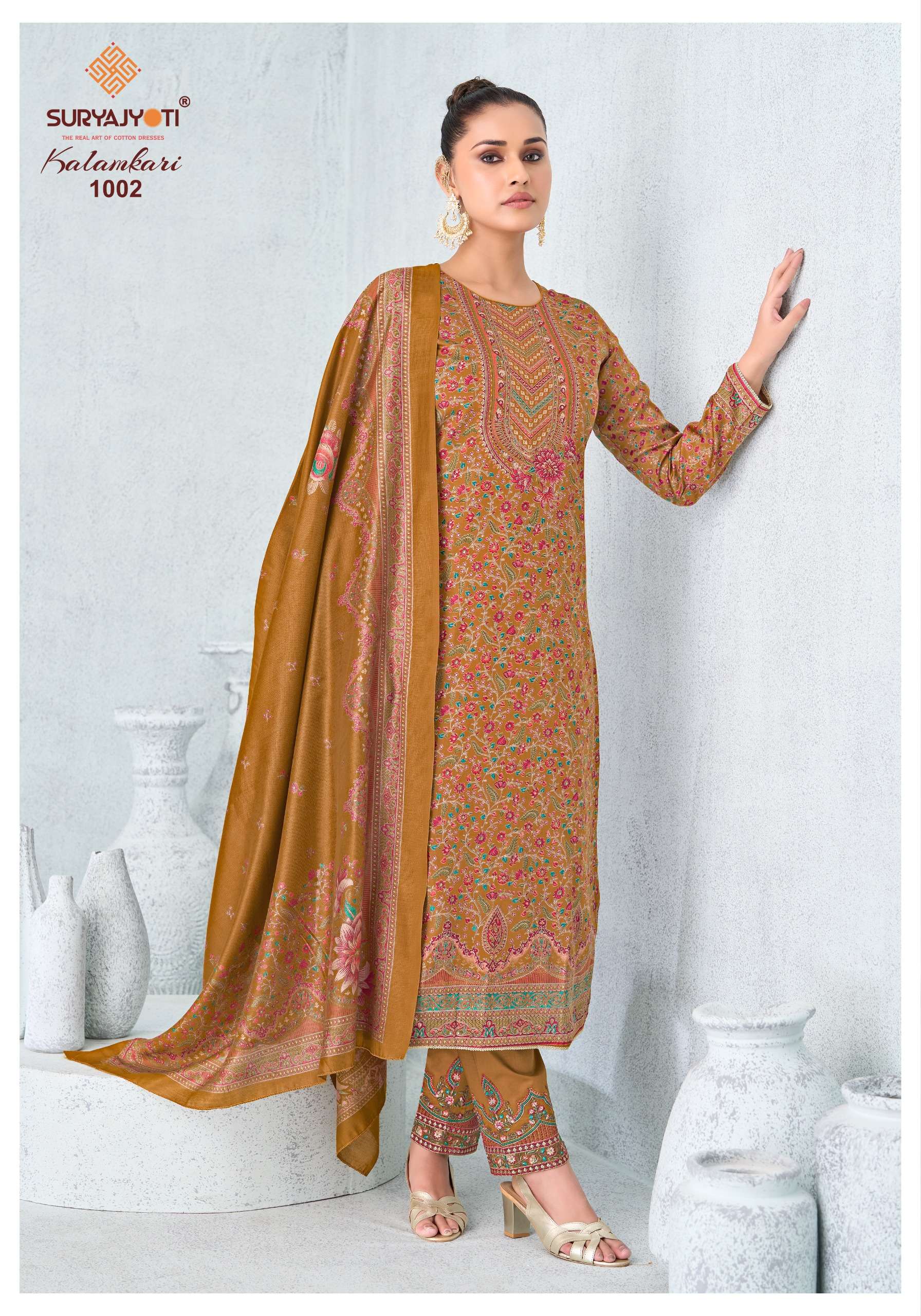 SURYAJYOTI KALAMKARI VOL 1 JAM SATIN PRINT WITH FANCY SWAROVSKI WORK SUIT 