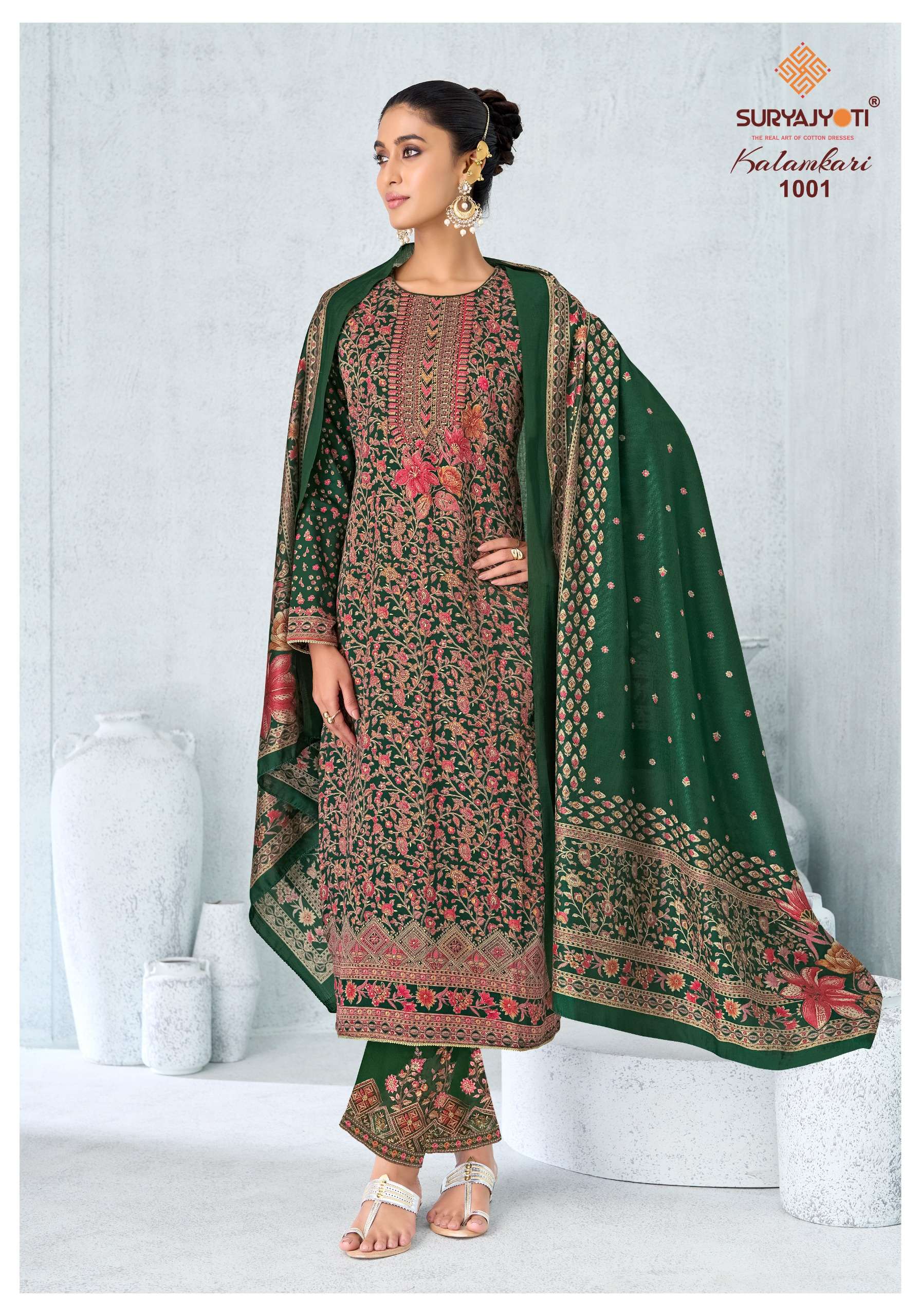 SURYAJYOTI KALAMKARI VOL 1 JAM SATIN PRINT WITH FANCY SWAROVSKI WORK SUIT 