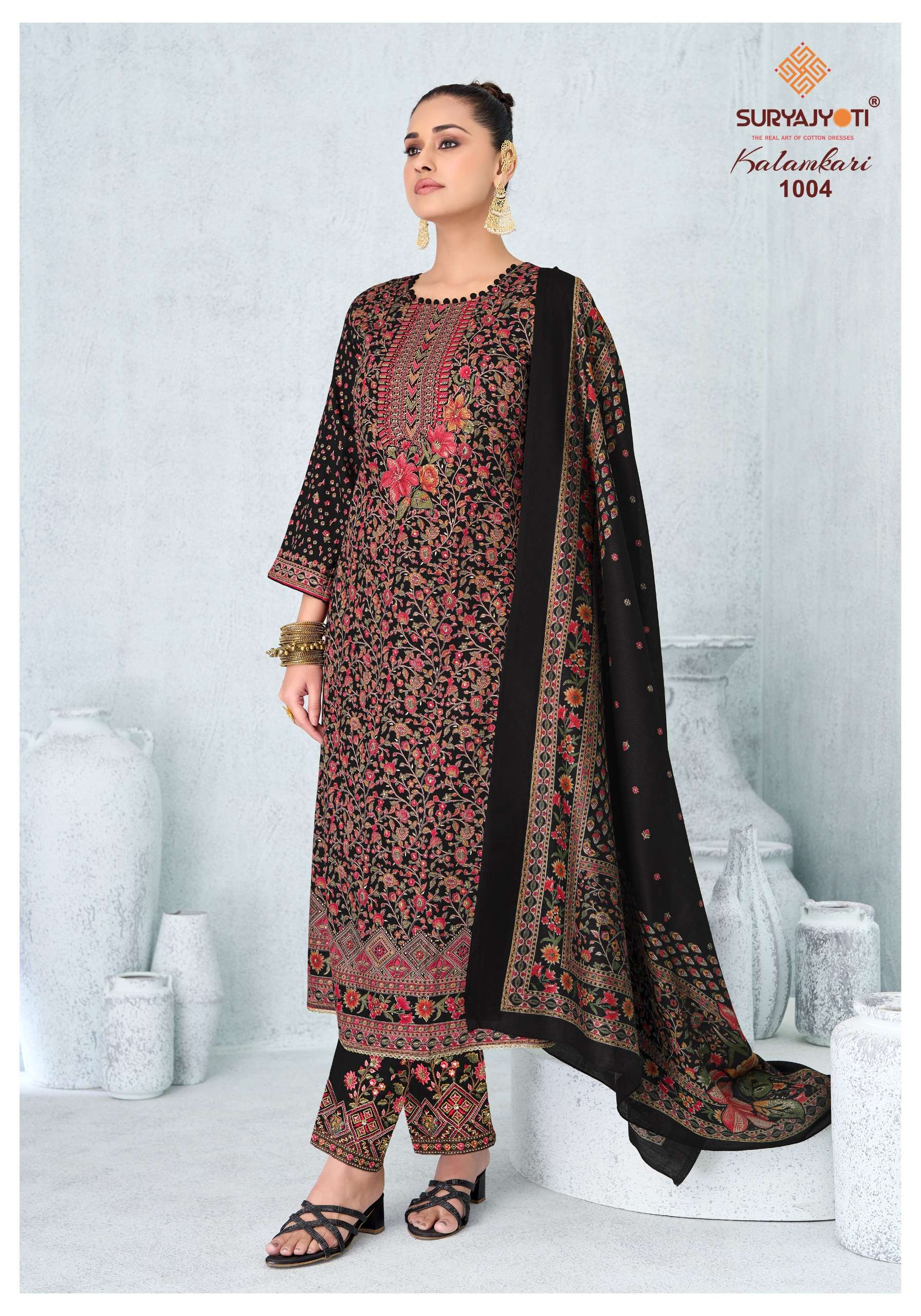 SURYAJYOTI KALAMKARI VOL 1 JAM SATIN PRINT WITH FANCY SWAROVSKI WORK SUIT 