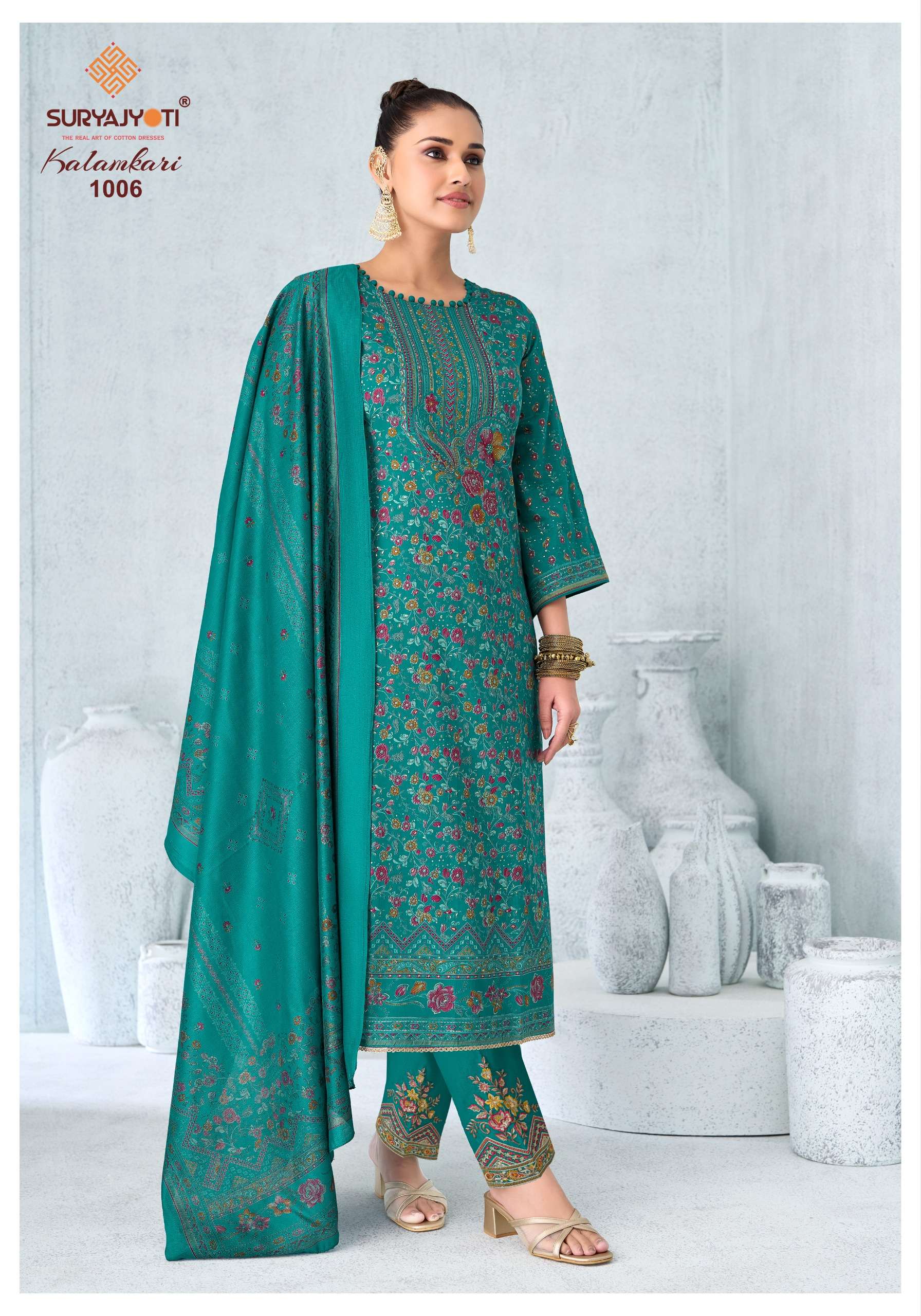 SURYAJYOTI KALAMKARI VOL 1 JAM SATIN PRINT WITH FANCY SWAROVSKI WORK SUIT 