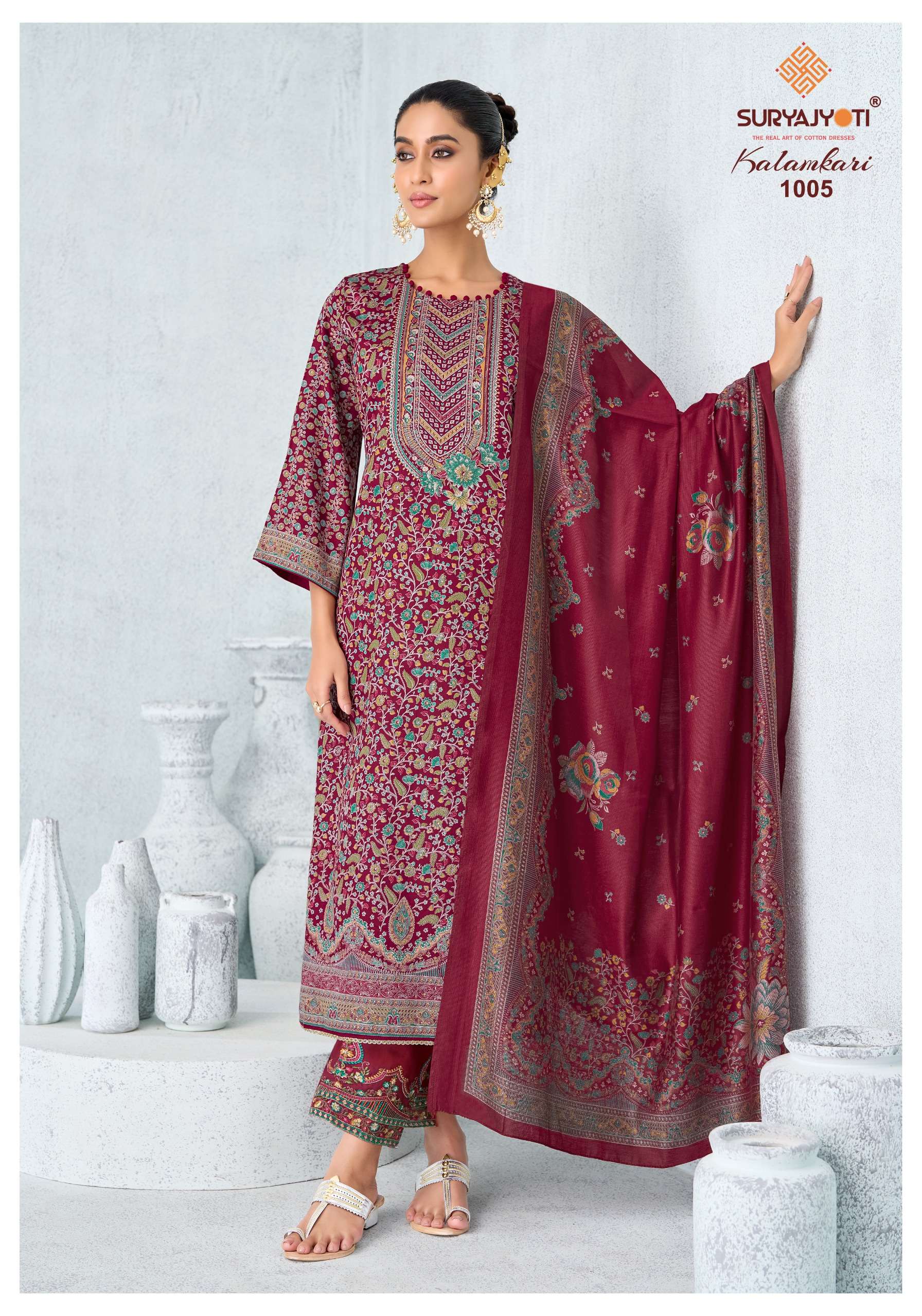 SURYAJYOTI KALAMKARI VOL 1 JAM SATIN PRINT WITH FANCY SWAROVSKI WORK SUIT 