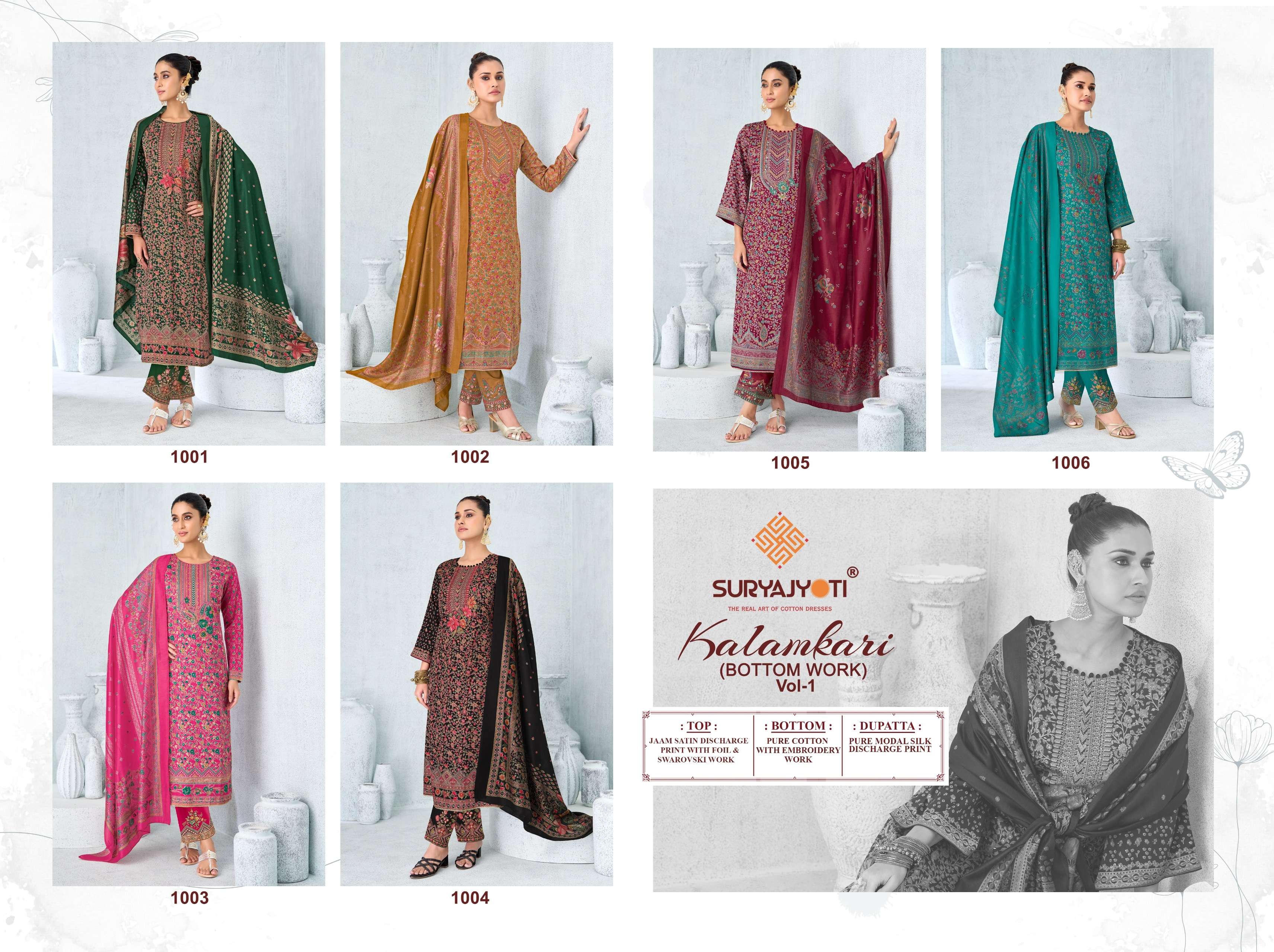 SURYAJYOTI KALAMKARI VOL 1 JAM SATIN PRINT WITH FANCY SWAROVSKI WORK SUIT 
